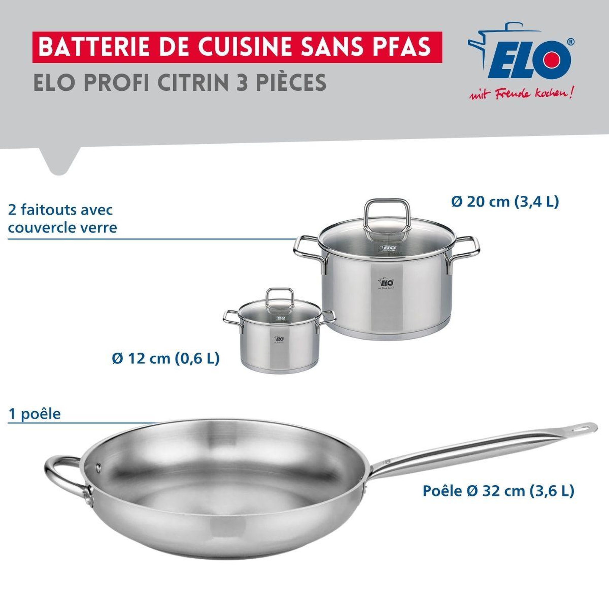 Voir la diapositive 2 : ELO Ensemble de 1 poêle de cuisson 32 cm et 2 faitouts 12 et 20 cm elo profi citrin