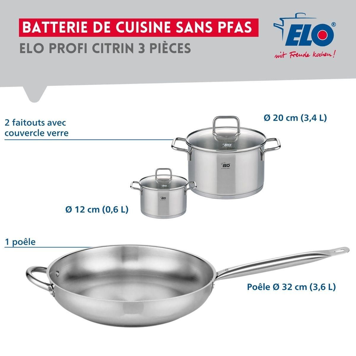 ELO Ensemble de 1 Poêle de cuisson 32 cm et 2 faitouts 12 et 20 cm Elo Profi Citrin