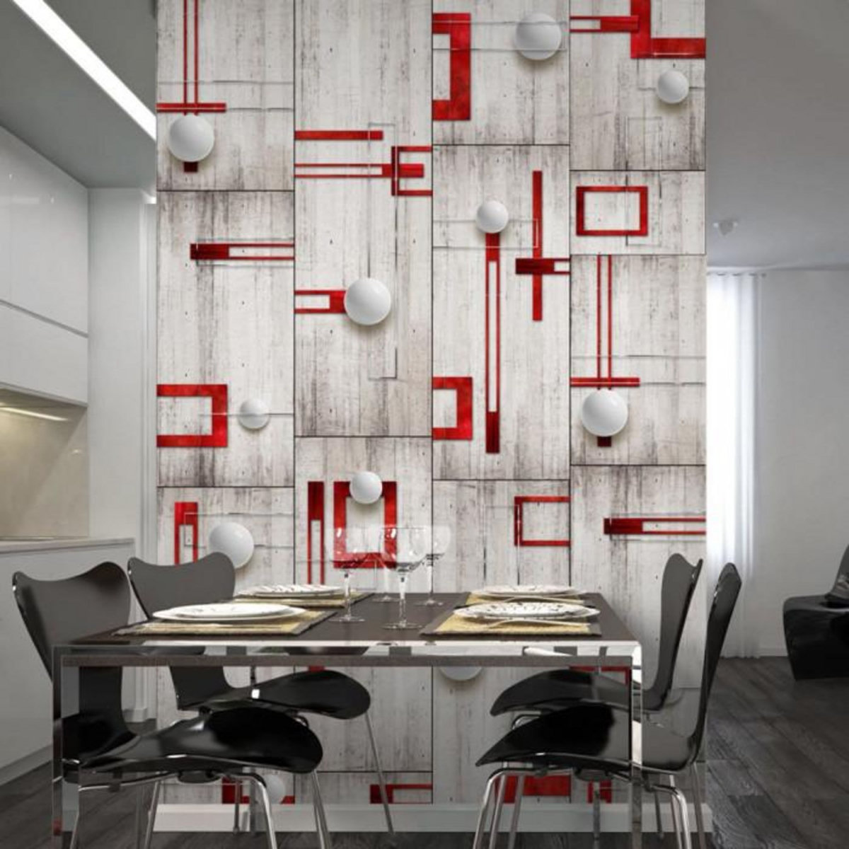 Paris Prix Papier Peint  Concrete, Red Frames & White Knobs  50x1000cm