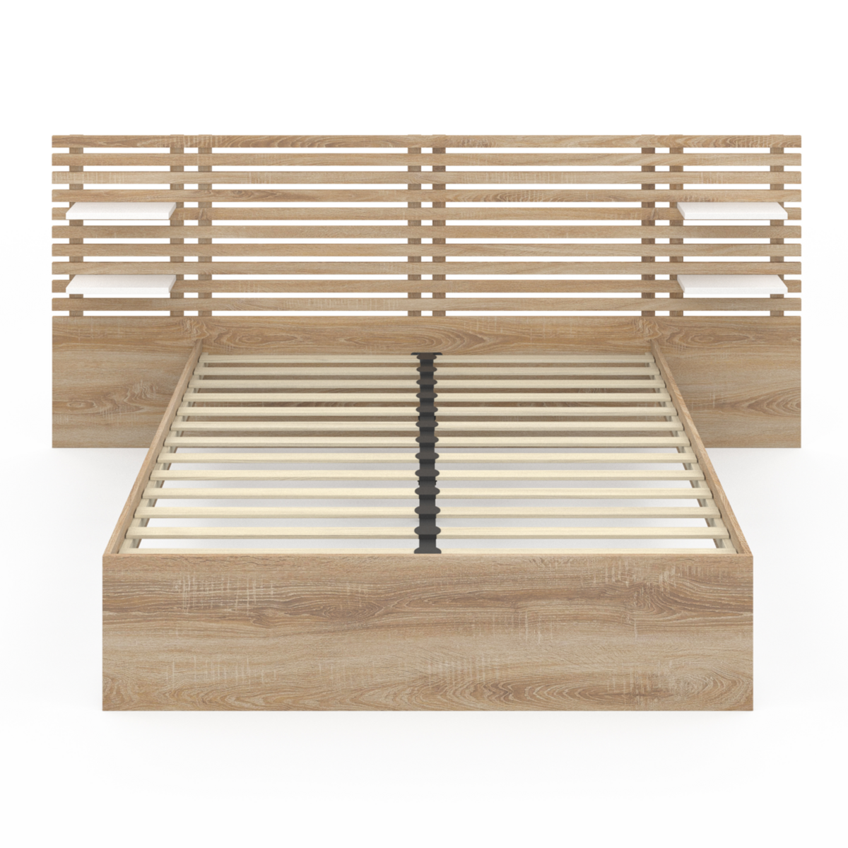 ID MARKET Lit double AMALIA avec tête de lit, étagères suspendues et sommier 140 x 190 cm hêtre et blanc