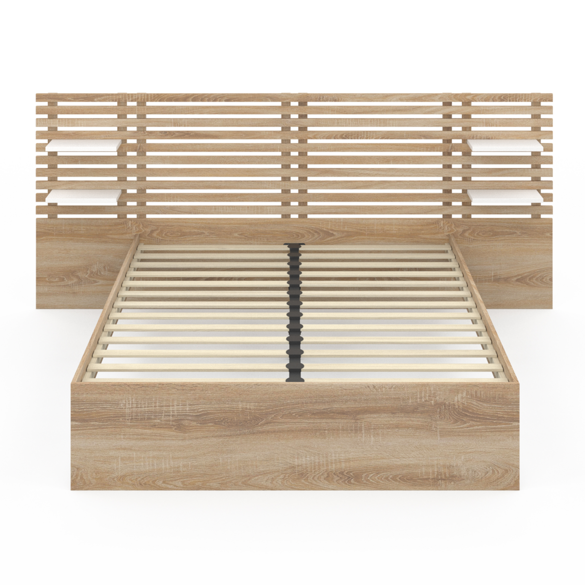 ID MARKET Lit double AMALIA avec tête de lit, étagères suspendues et sommier 140 x 190 cm hêtre et blanc