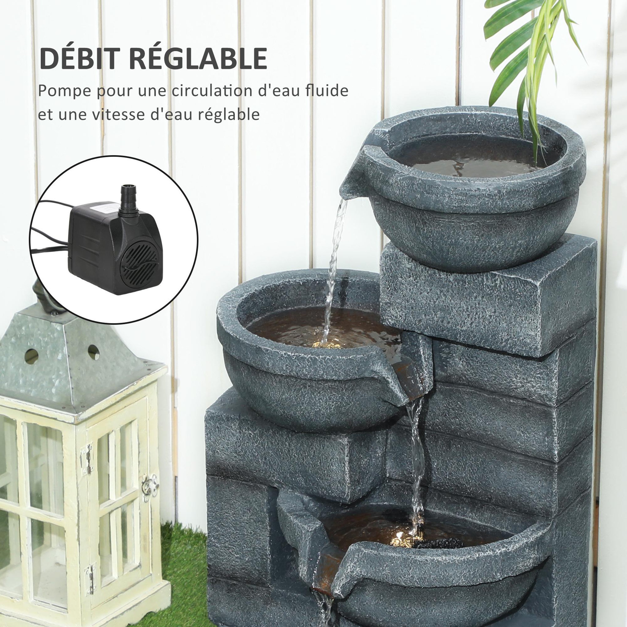 Voir la diapositive 6 : OUTSUNNY Fontaine de jardin en cascade avec éclairage LED 4 niveaux - pompe inclus - 38 x 35 x 78,5 cm - résine gris