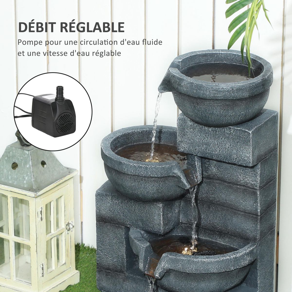 OUTSUNNY Fontaine de jardin en cascade avec éclairage LED 4 niveaux - pompe inclus - 38 x 35 x 78,5 cm - résine gris