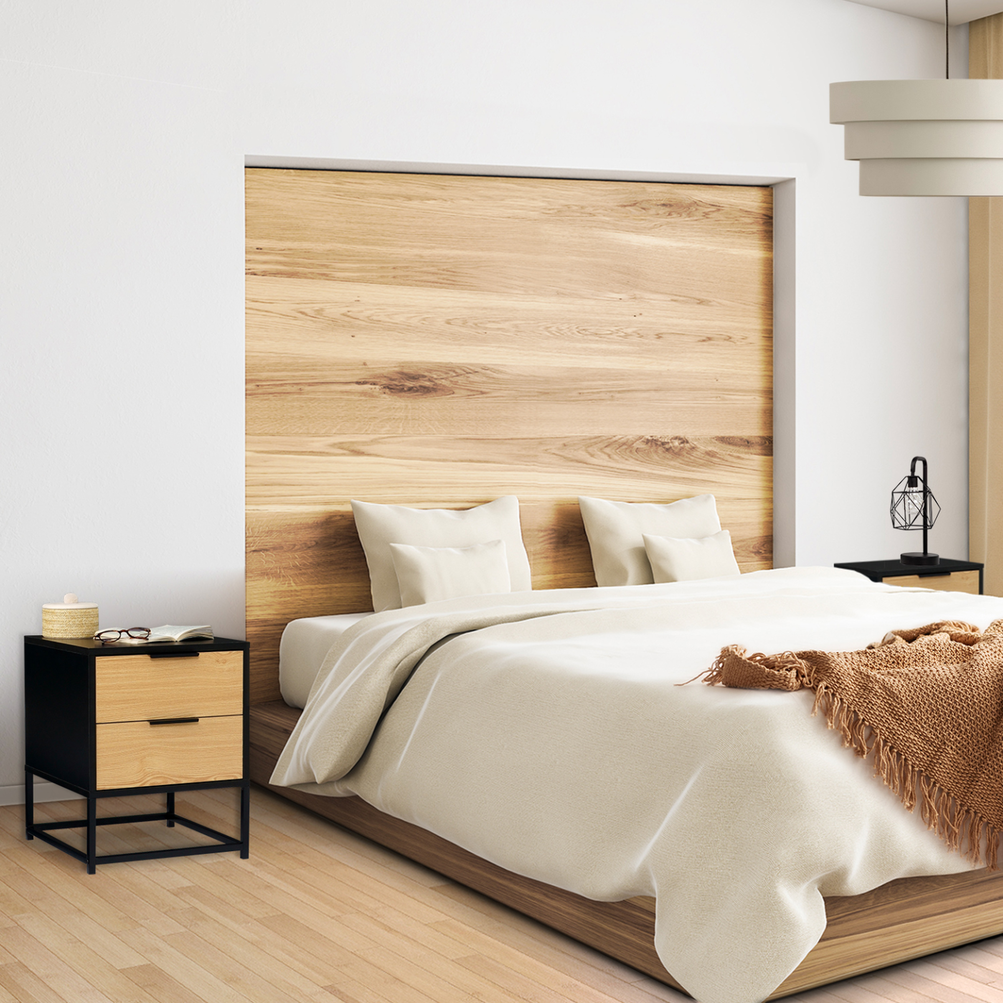 Voir la diapositive 6 : ID MARKET Lot de 2 tables de chevet NEVADA 2 tiroirs noir et bois design industriel