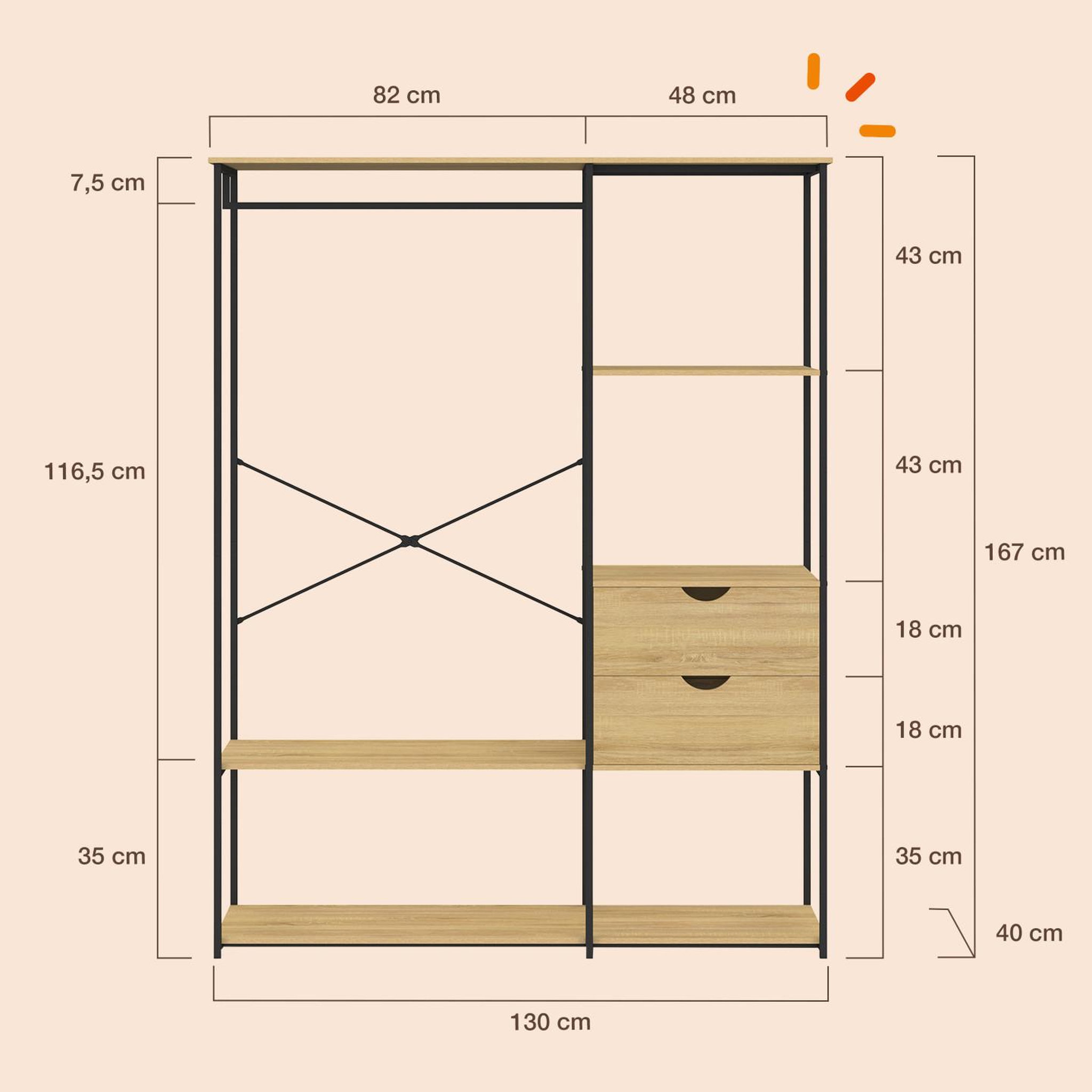 Voir la diapositive 3 : ID MARKET Dressing penderie avec étagères et 2 tiroirs l. 130 cm detroit design industriel