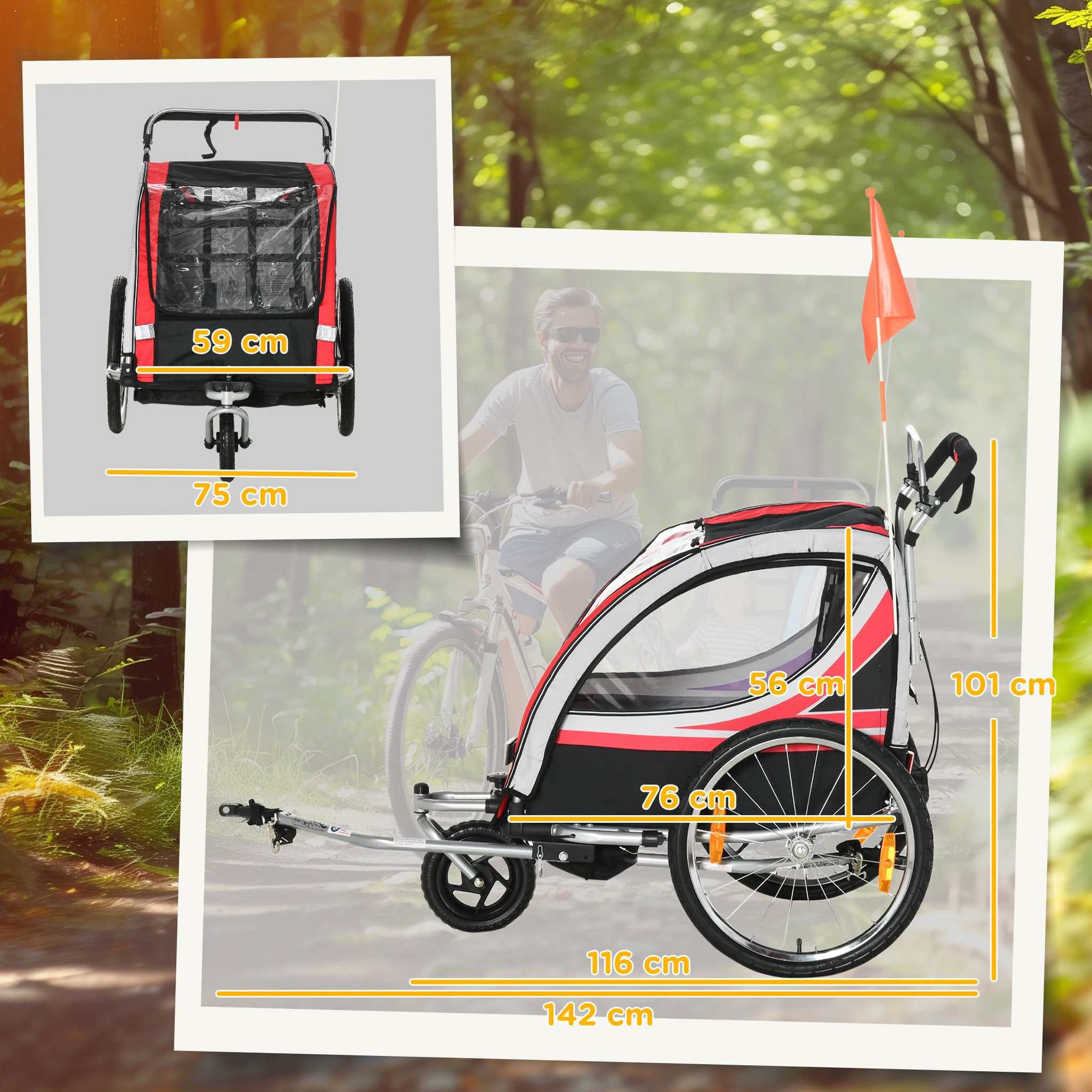 Voir la diapositive 3 : HOMCOM Remorque vélo jogger 2 en 1 pour enfant drapeau roue avant pivotante réflecteurs et barre d'attelage inclus rouge noir