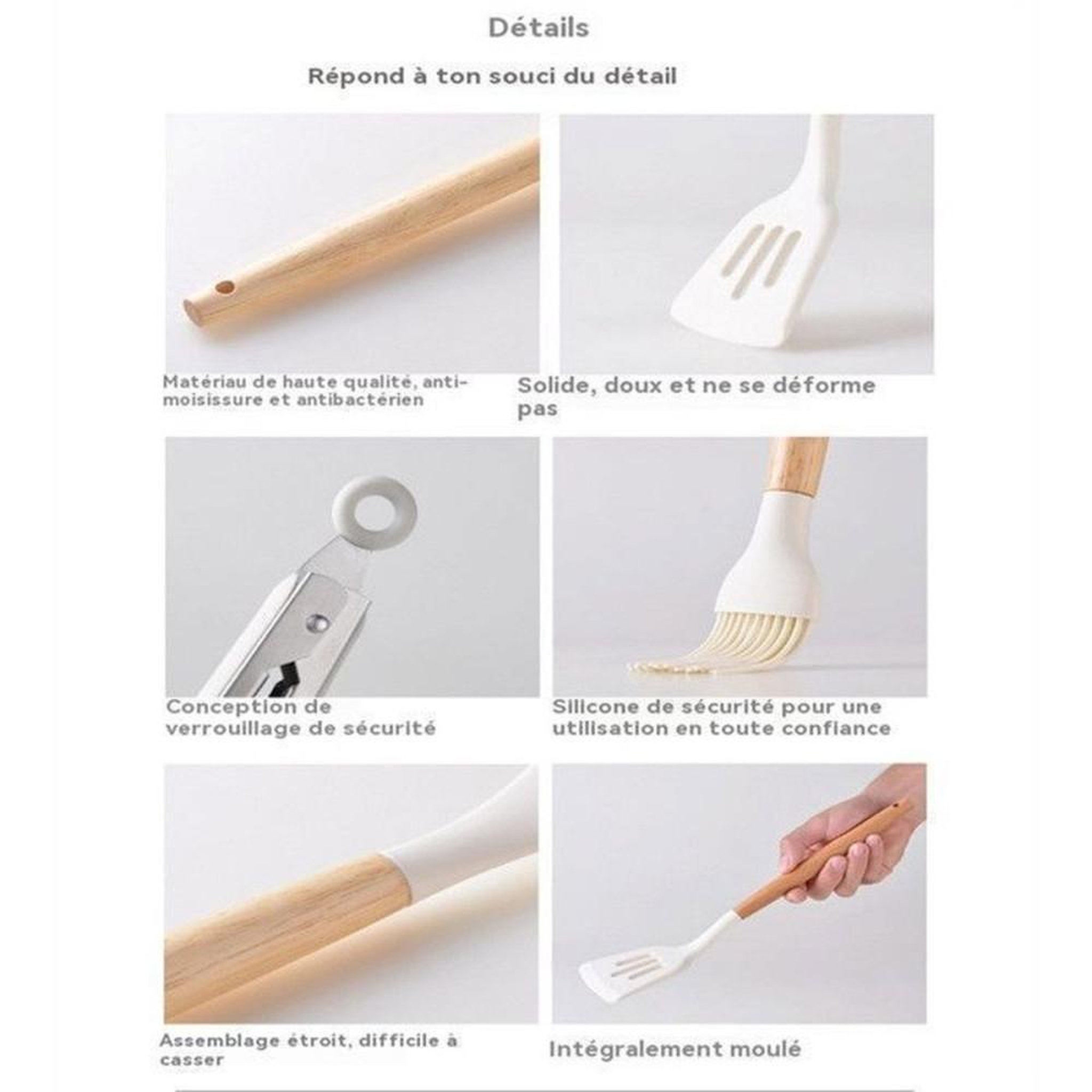 Voir la diapositive 3 : Set d'ustensiles de cuisine en silicone alimentaire 14 pièces blanc, antiadhésifs, résistance 250°C, compatible lave-vaisselle