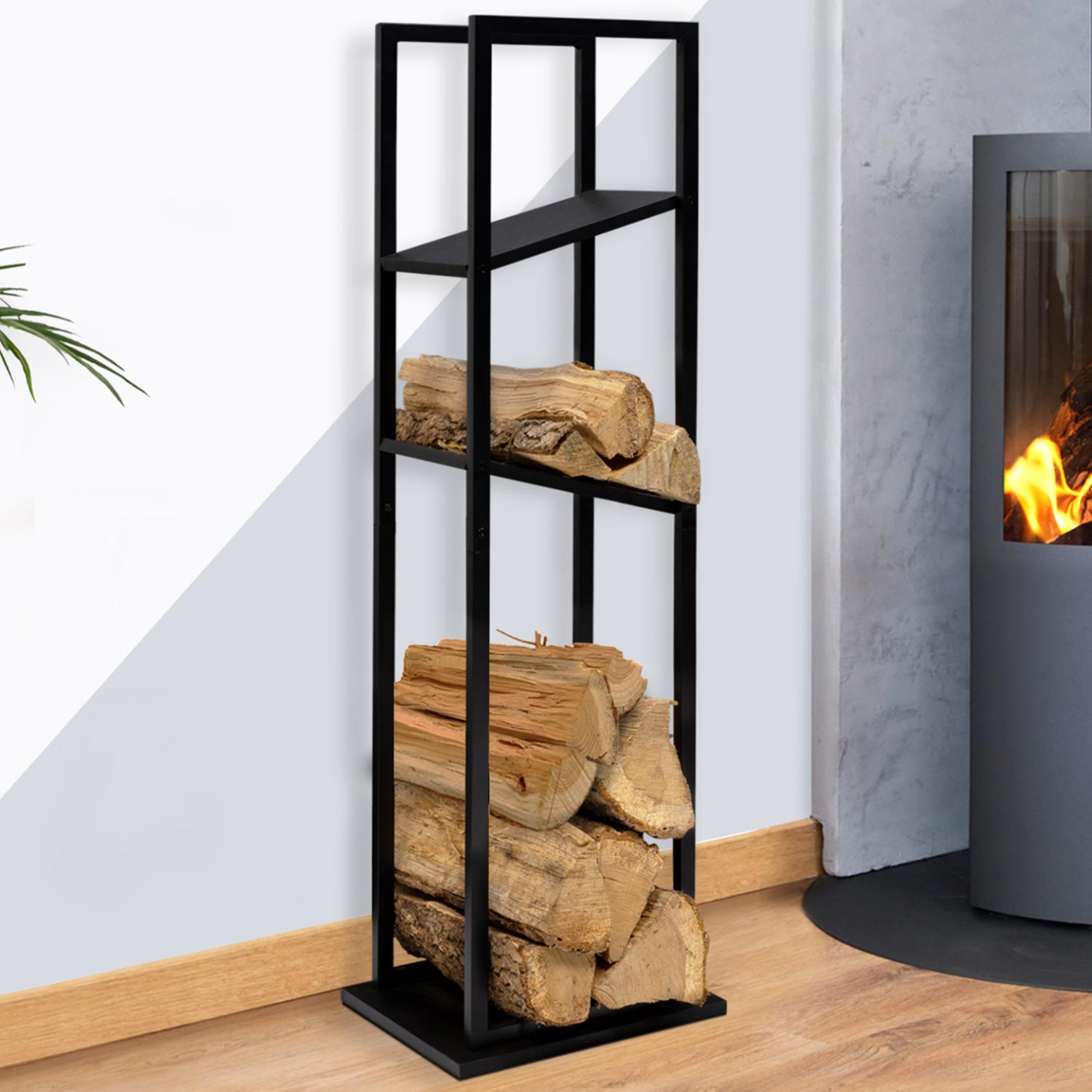 Voir la diapositive 2 : ID MARKET Range bûches vertical acier noir avec 2 étagères H.112 CM pour cheminée