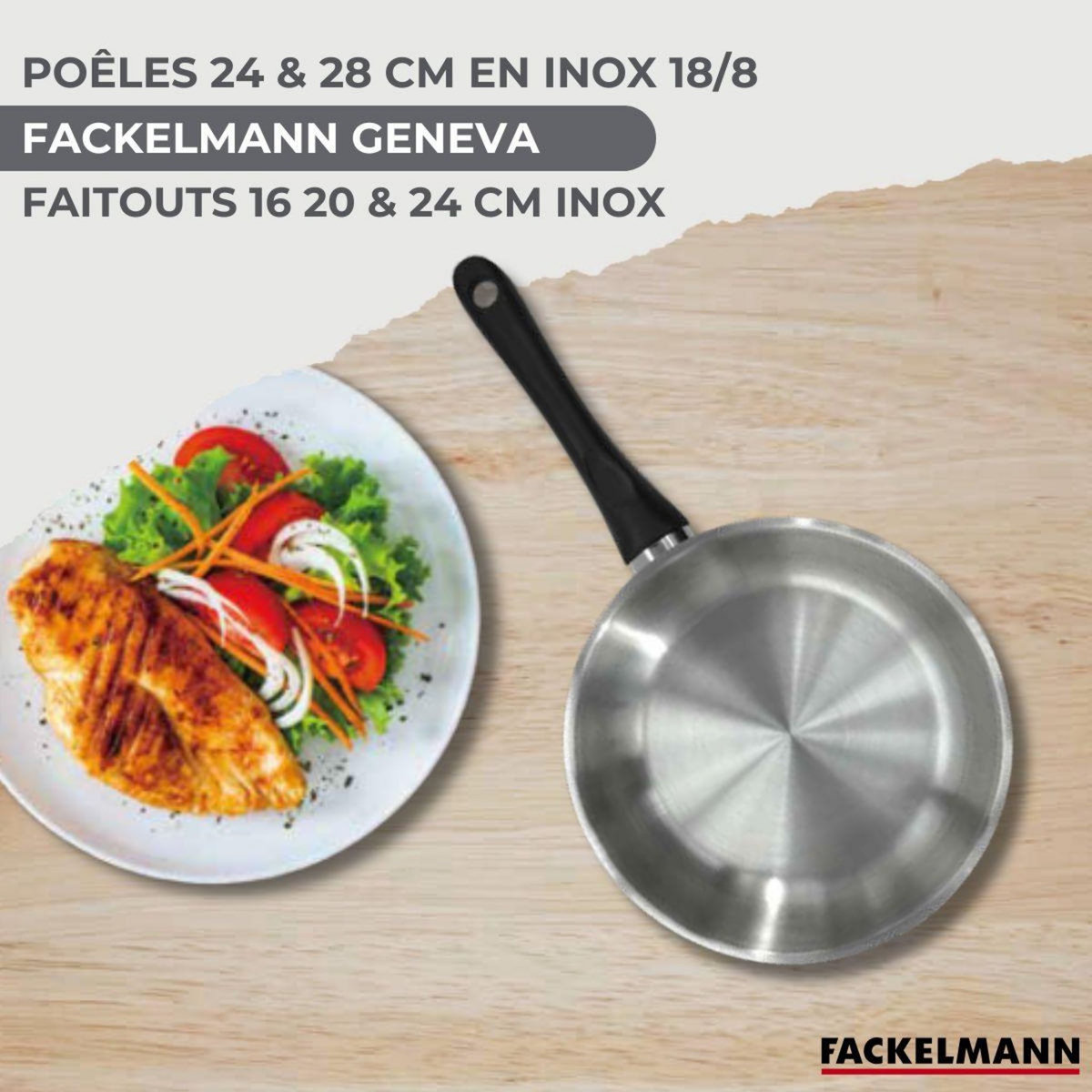 Fackelmann Set de 2 poêles 24 28 cm en inox, couvercles verres, 3 faitouts inox 16, 20 et 24 cm et 6 ustensiles RPET Fackelmann Geneva