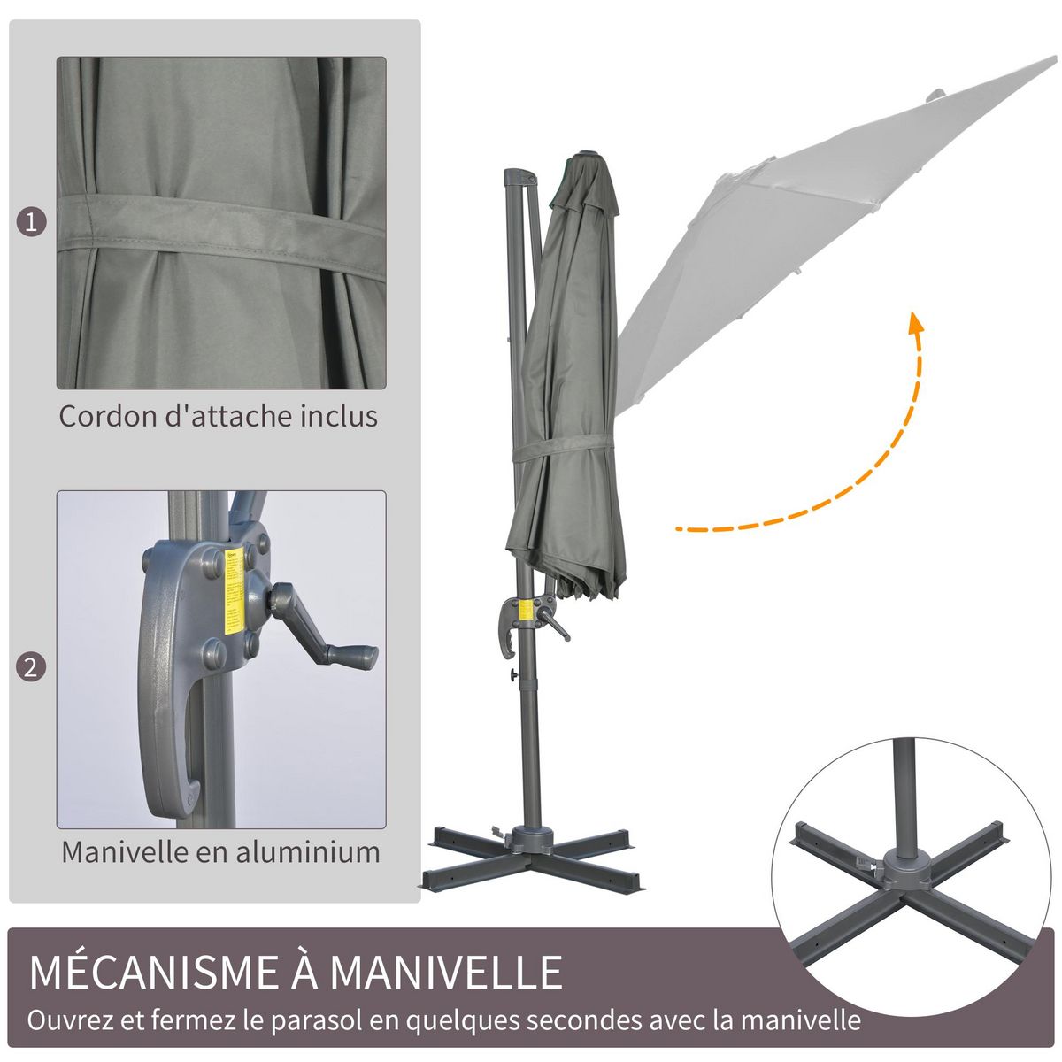 OUTSUNNY Parasol déporté octogonal inclinable manivelle avec pied en acier Ø 2,94 x 2,48H m gris