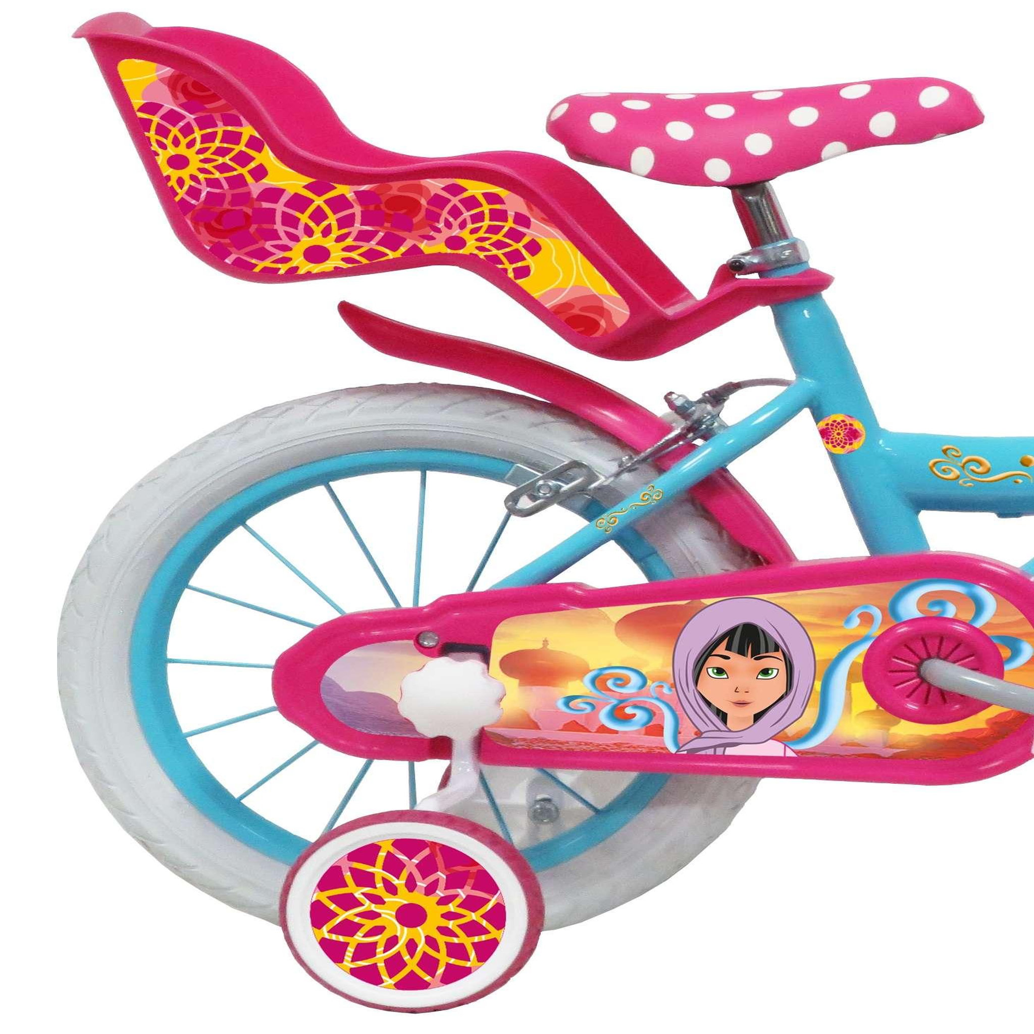Voir la diapositive 2 : Vélo enfant - Modèle 16'' Fille  Princesse des Sables  pour enfant de 105 à 120 cm  avec stabilisateurs - Panier avant - Porte poupée arrière - 2 freins & Pneus gonflables
