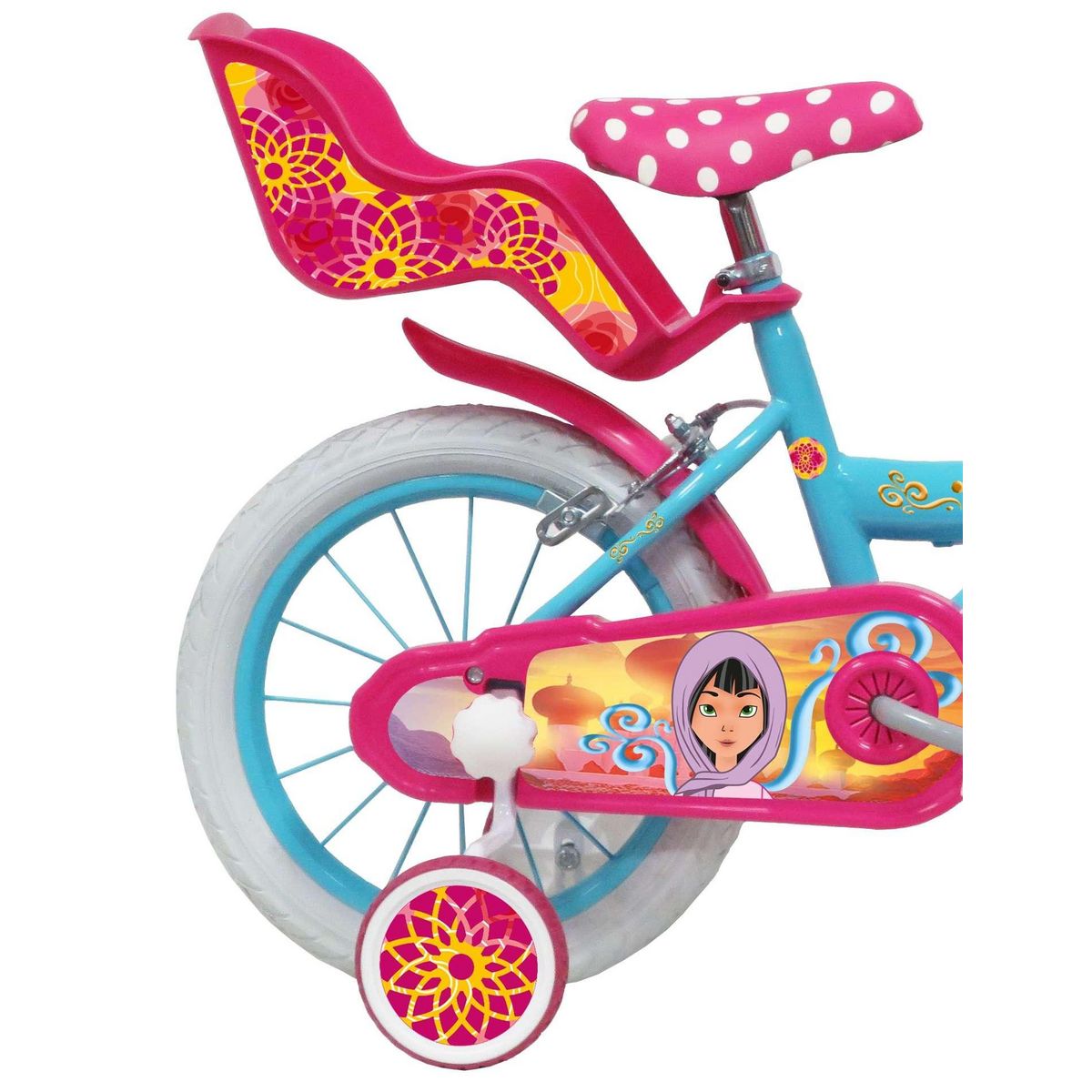 Vélo enfant - Modèle 16'' Fille  Princesse des Sables  pour enfant de 105 à 120 cm  avec stabilisateurs - Panier avant - Porte poupée arrière - 2 freins & Pneus gonflables
