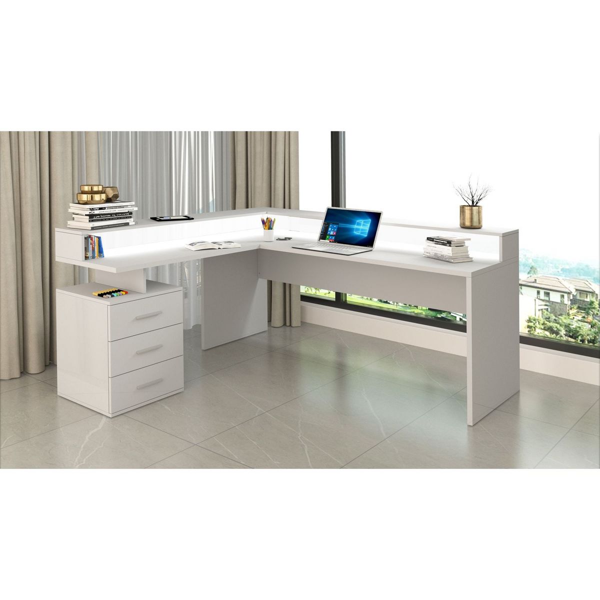 Bureau d'angle avec rehaussement 3 tiroirs L180 cm VASTO