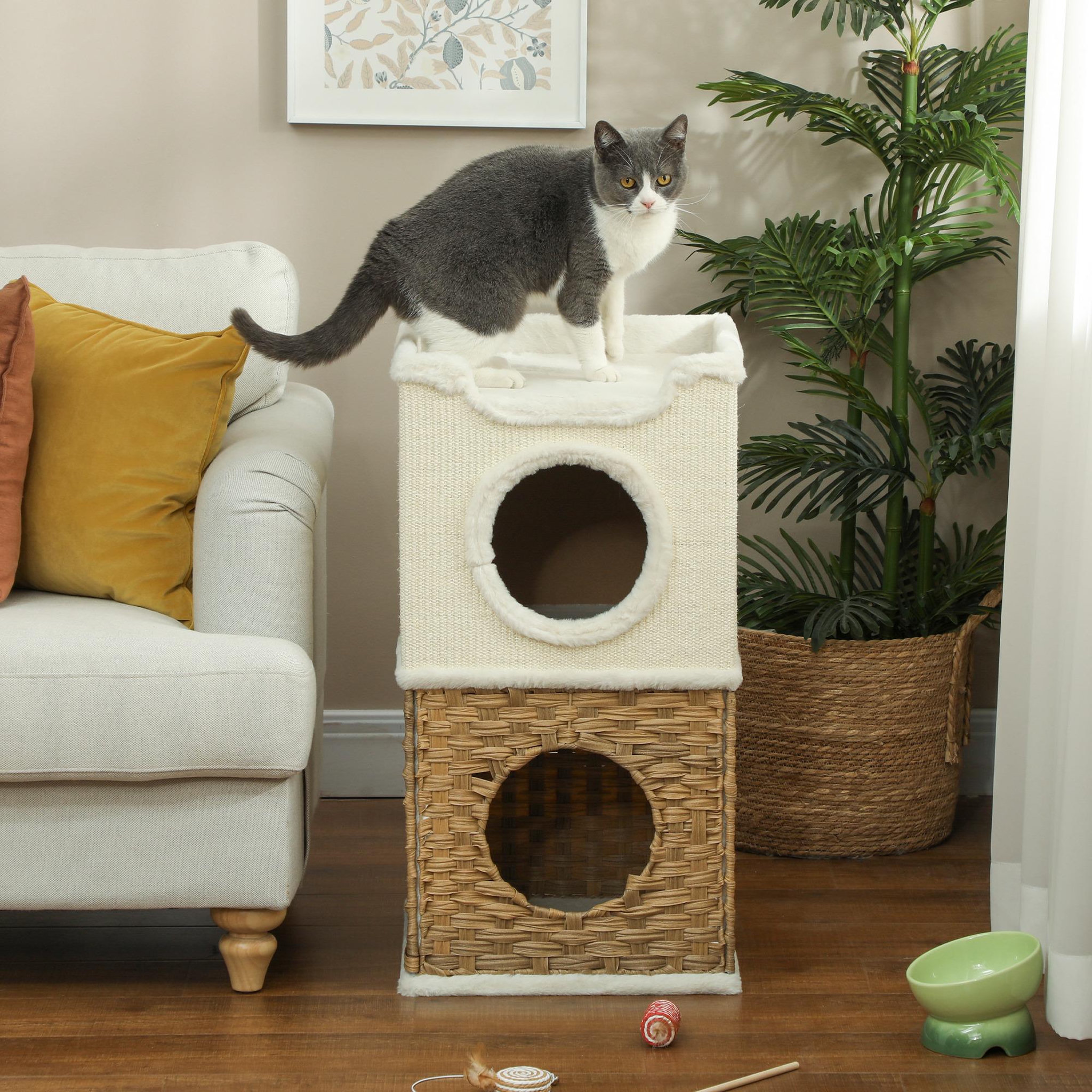 Voir la diapositive 4 : PAWHUT Tour à griffer pour chat 3 niveaux - 2 niches, panier observation- h.75,5 cm - résine tressée sisal