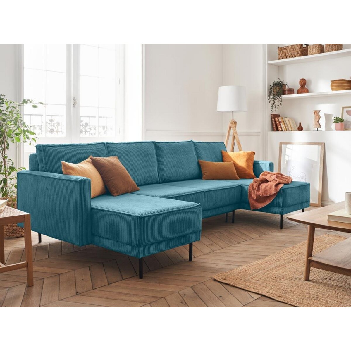 LISA DESIGN Charlie - canapé panoramique en u - 7 places - convertible avec coffre - en velours côtelé