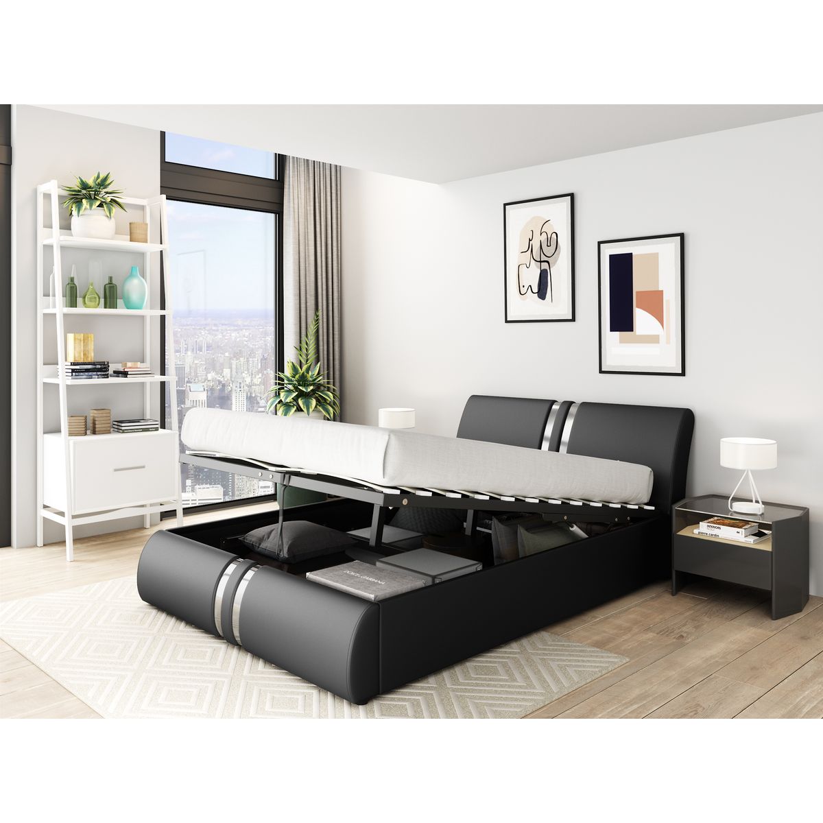 Lit coffre adulte contemporain sommier inclus et tête de lit 160x200cm  JAZ