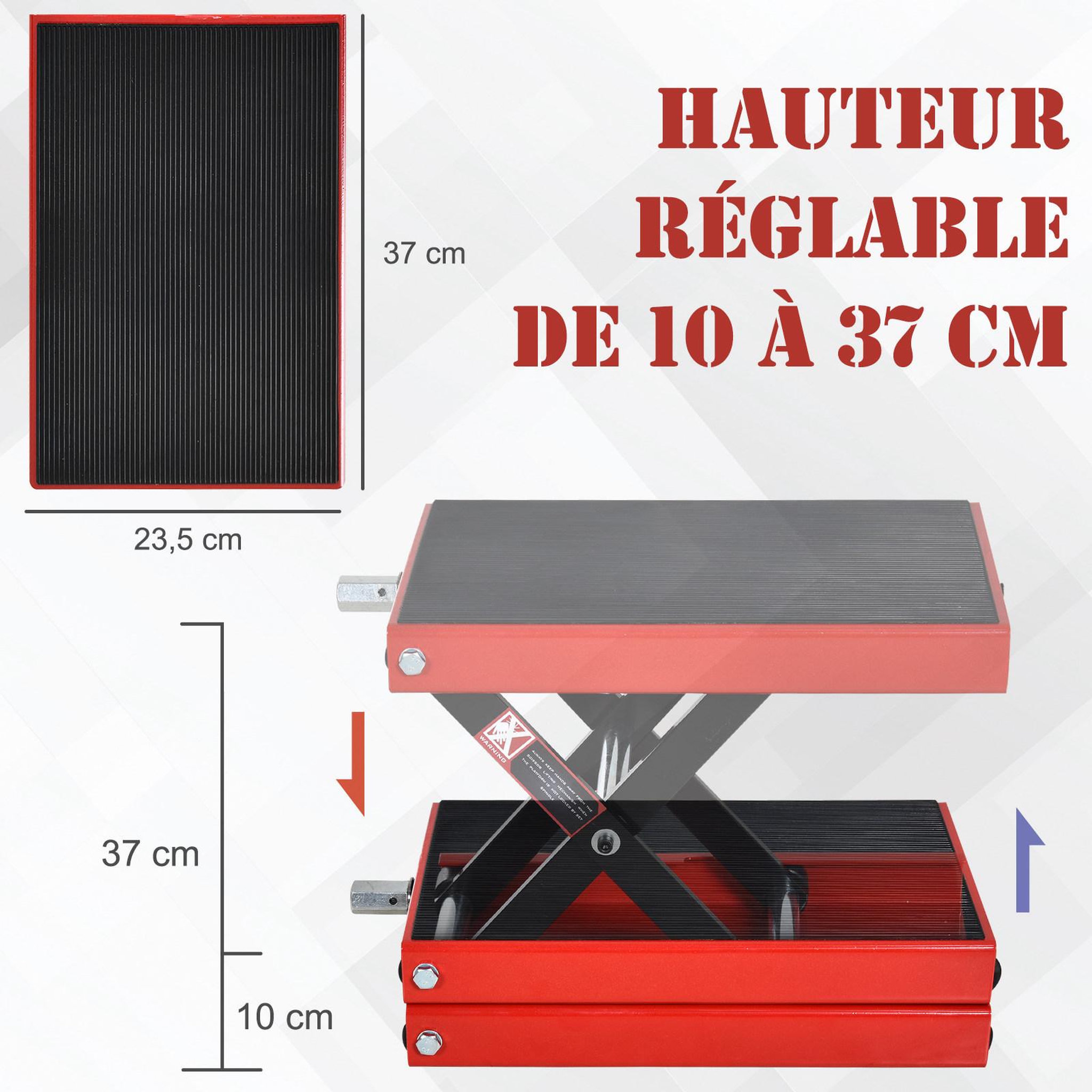 Voir la diapositive 4 : HOMCOM Lève moto béquille d'atelier stand moto tout-terrain moto cross supermotard hauteur réglable acier rouge et noir