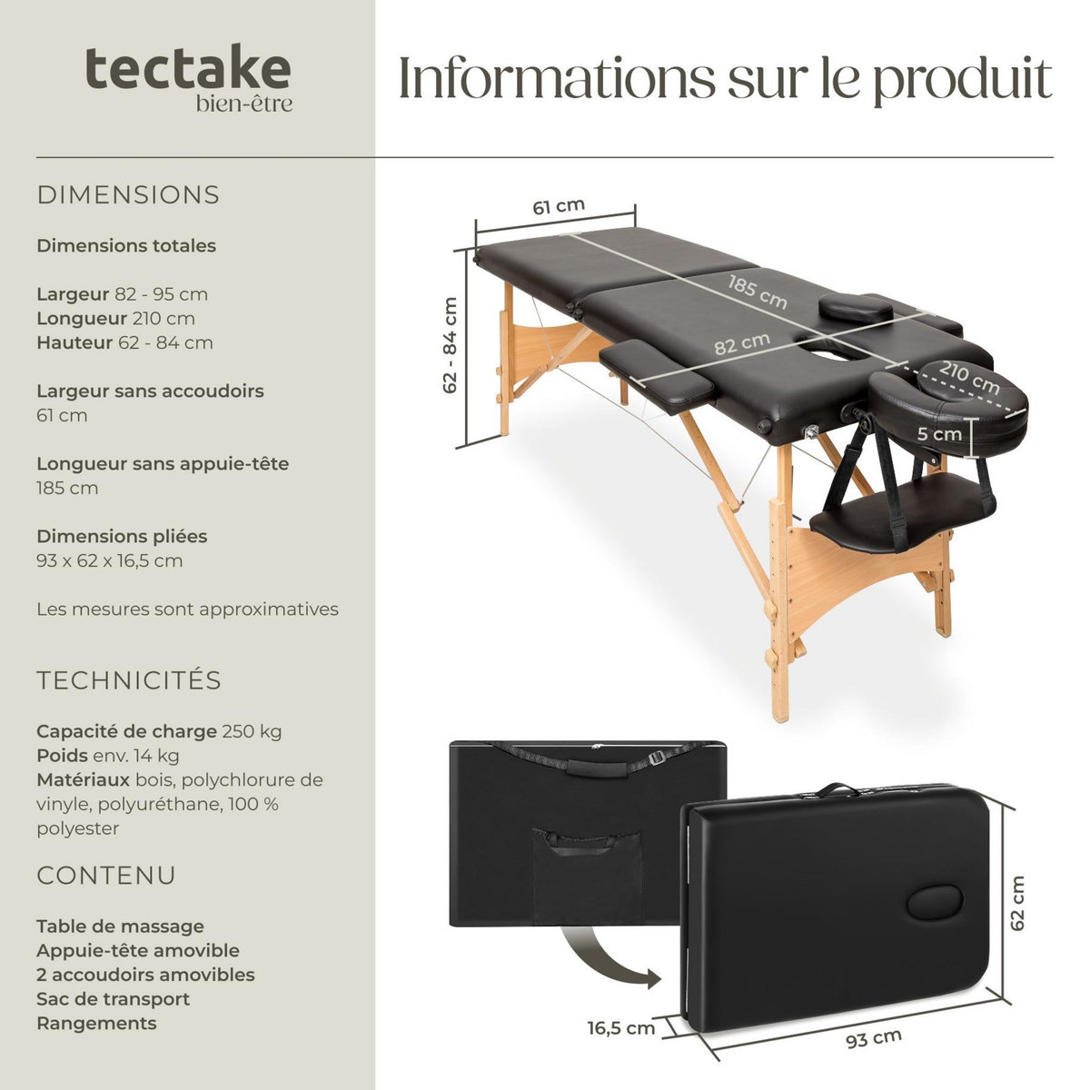 tectake Table de massage portable pliante 2 zones largeur 61 cm et rembourrage 5 cm noir