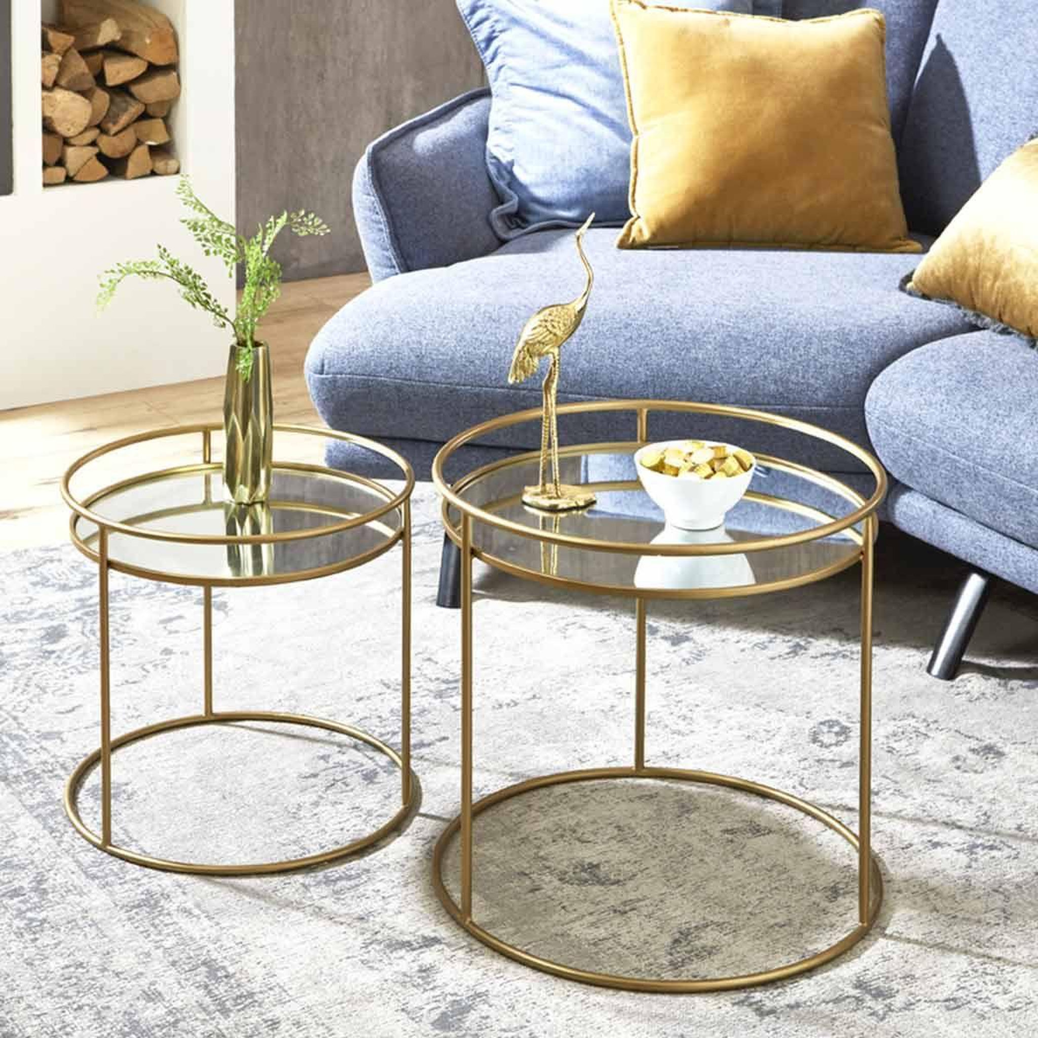 Voir la diapositive 2 : Paris Prix Lot de 2 Tables d'Appoint  Miroir  52cm Or