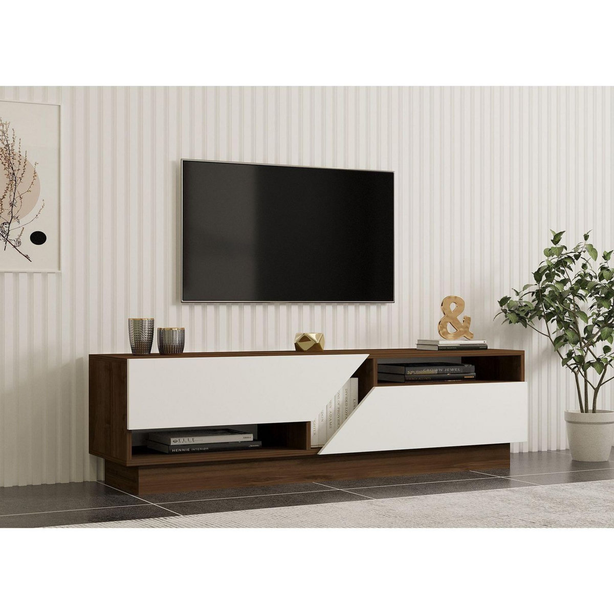 TOILINUX Meuble TV 2 portes basculantes effet bois ELIOTT - Marron et blanc