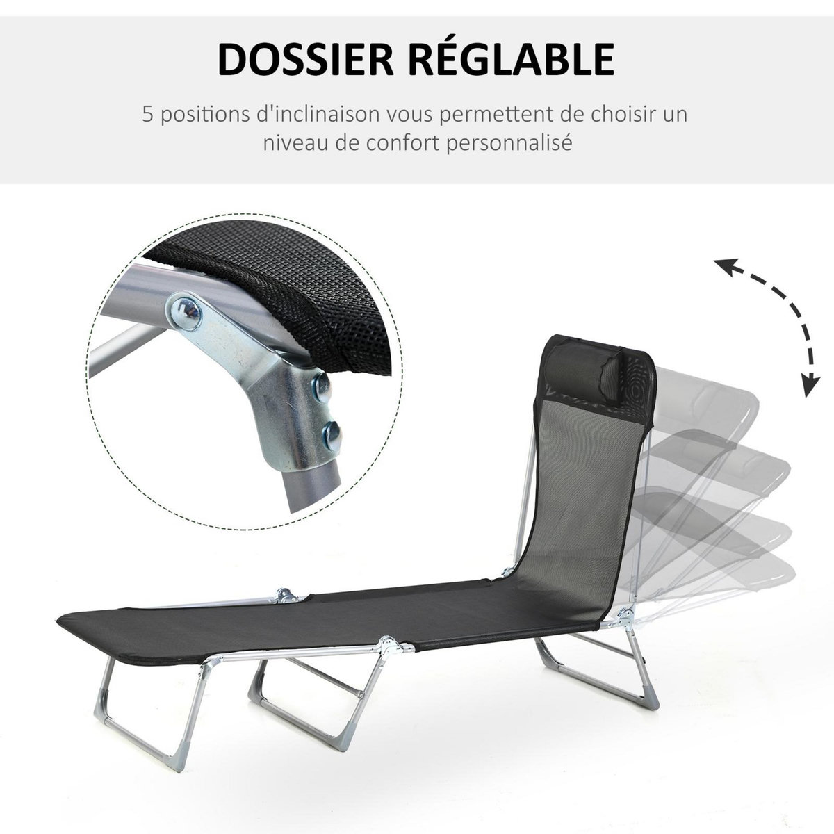 OUTSUNNY Bain de soleil transat pliable dossier réglable 5 positions acier teslin noir