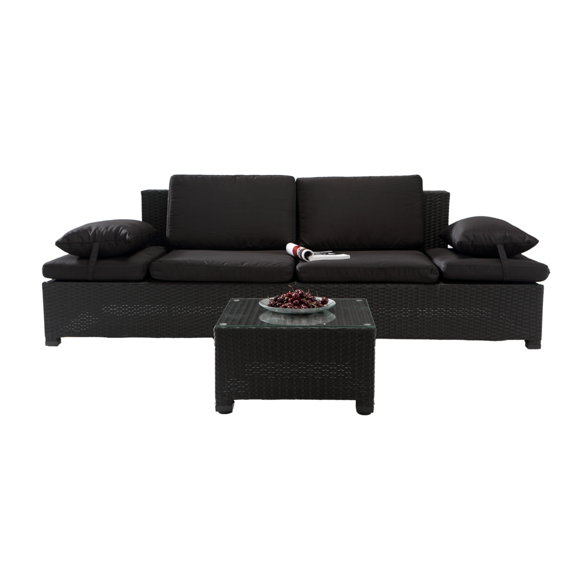 CONCEPT USINE Salon de jardin en résine tressée noir CORFOU