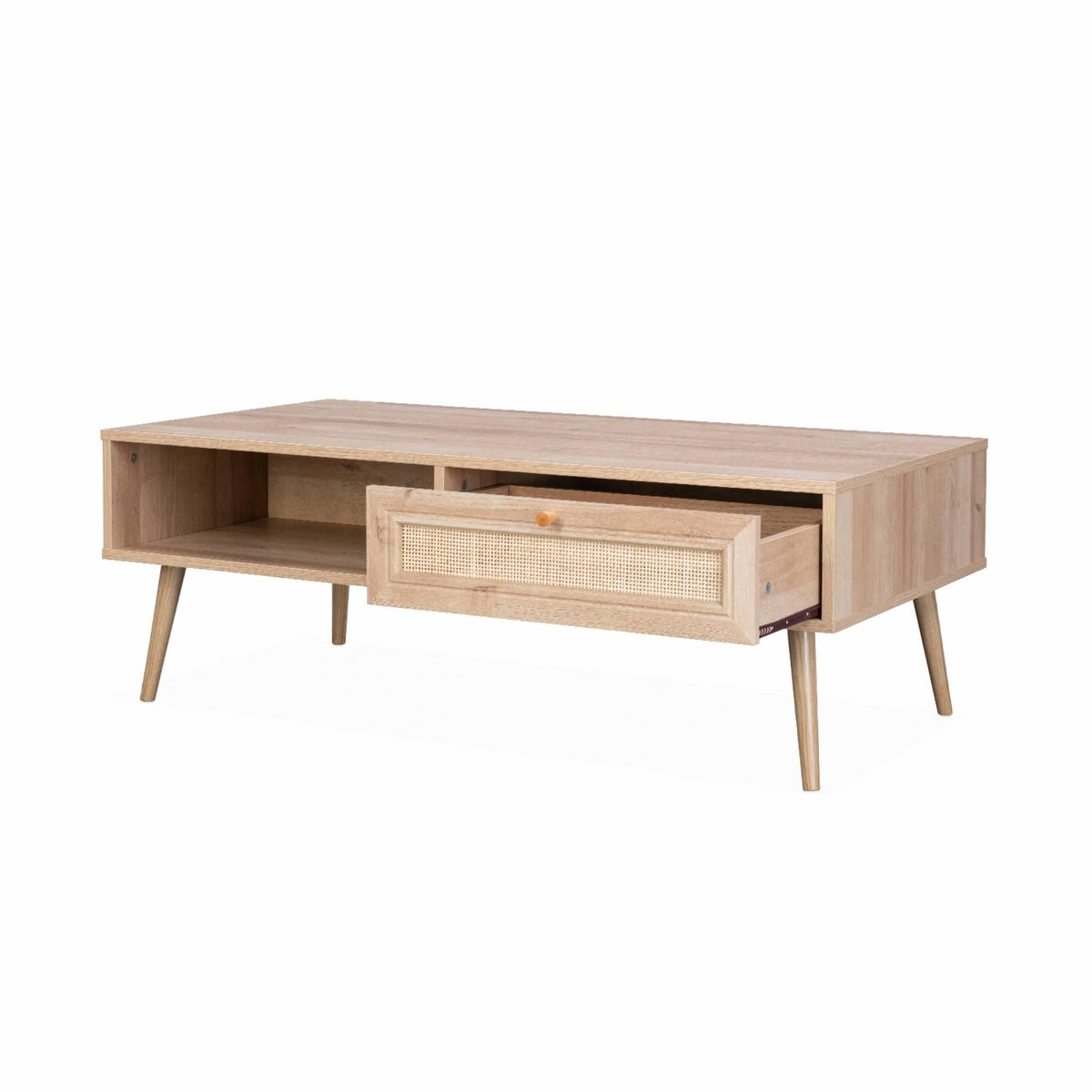 SWEEEK Table basse en cannage 110 x 59 x 39 cm - Bohème - Naturel. 1 tiroir. 1 espace de rangement. pieds scandinaves