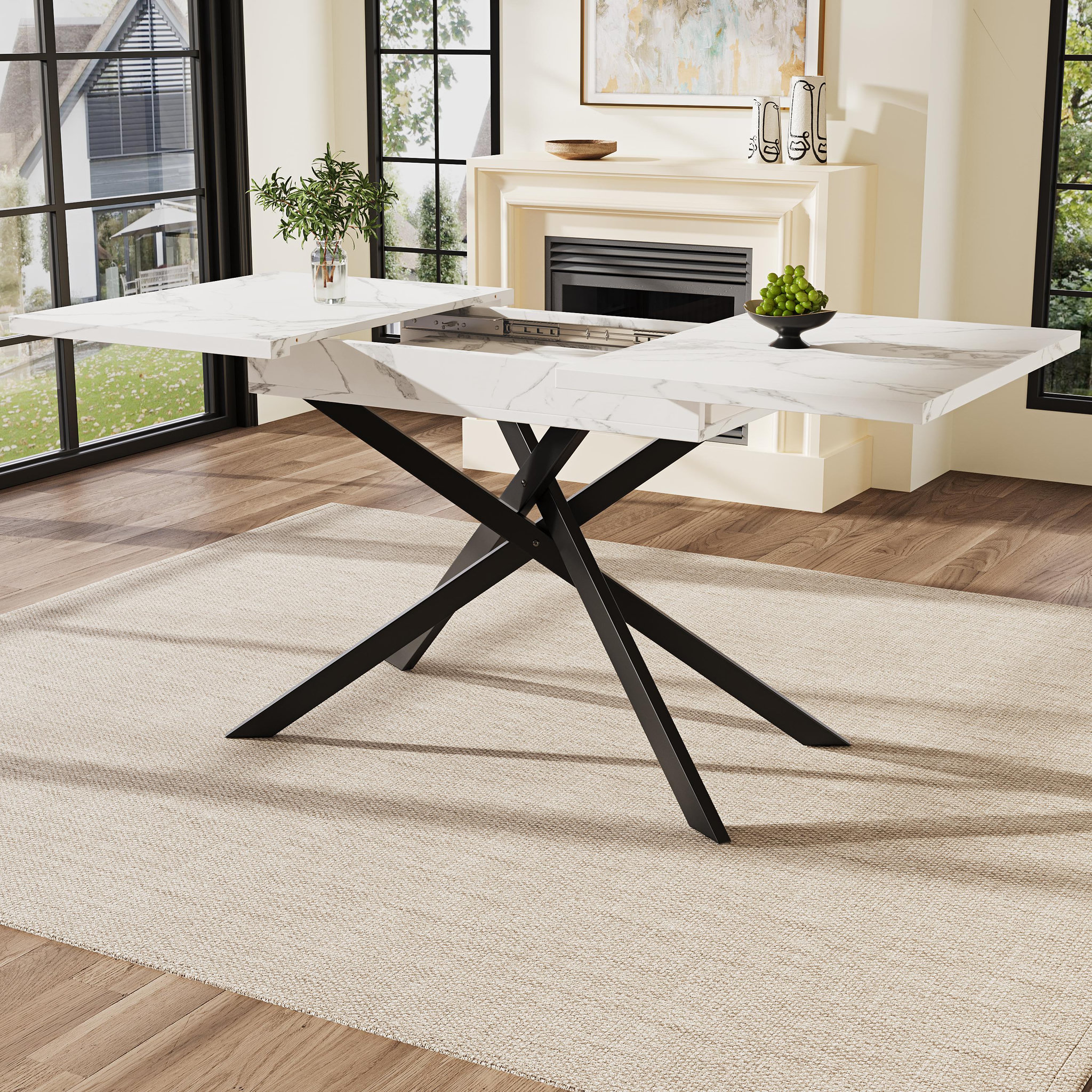 Voir la diapositive 2 : MERAX Table à manger rectangulaire avec allonge blanc+noir - 80x120-160max.cm mdf et métal