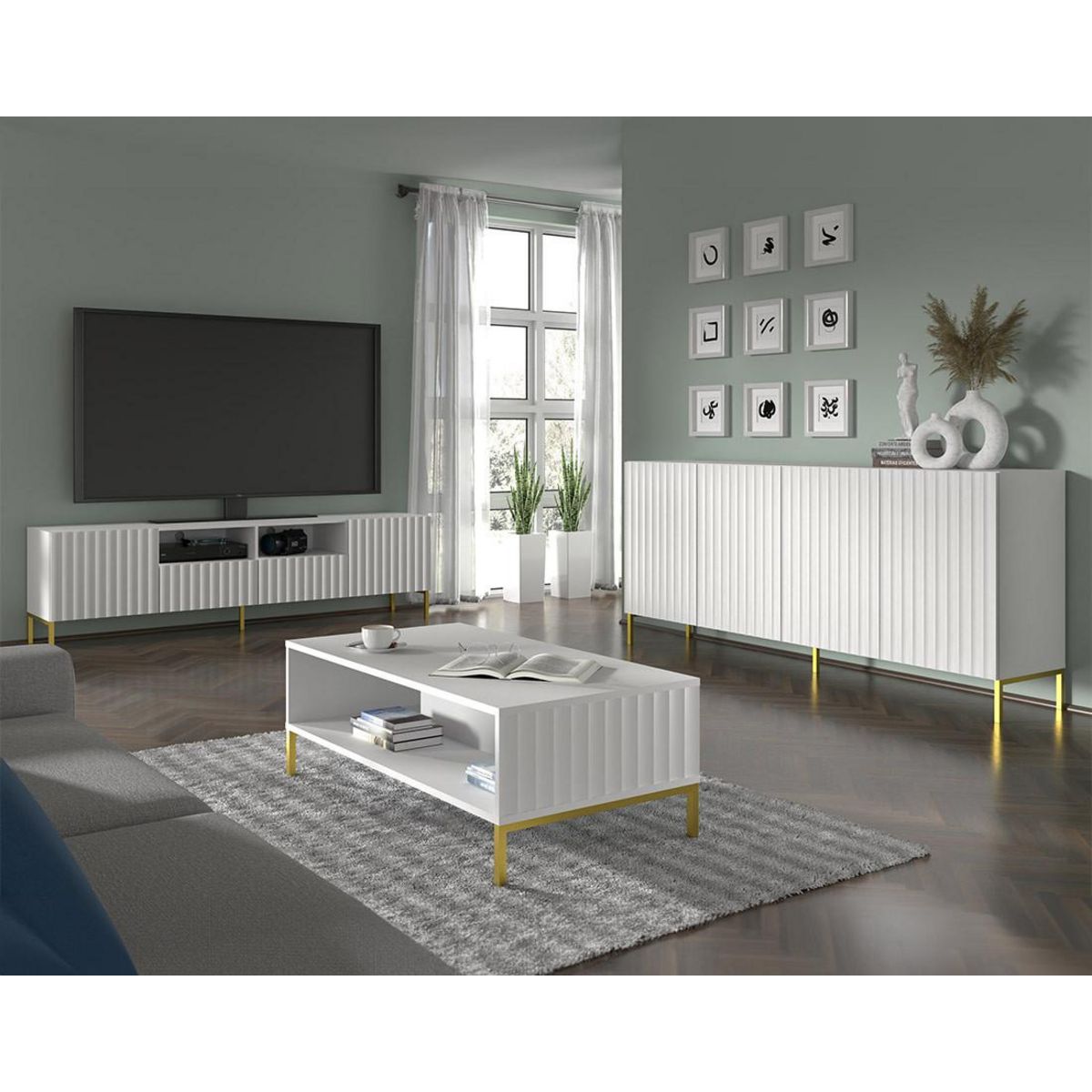 BEST MOBILIER Lara - meuble tv - pieds dorés - 2 tiroirs - 200 cm