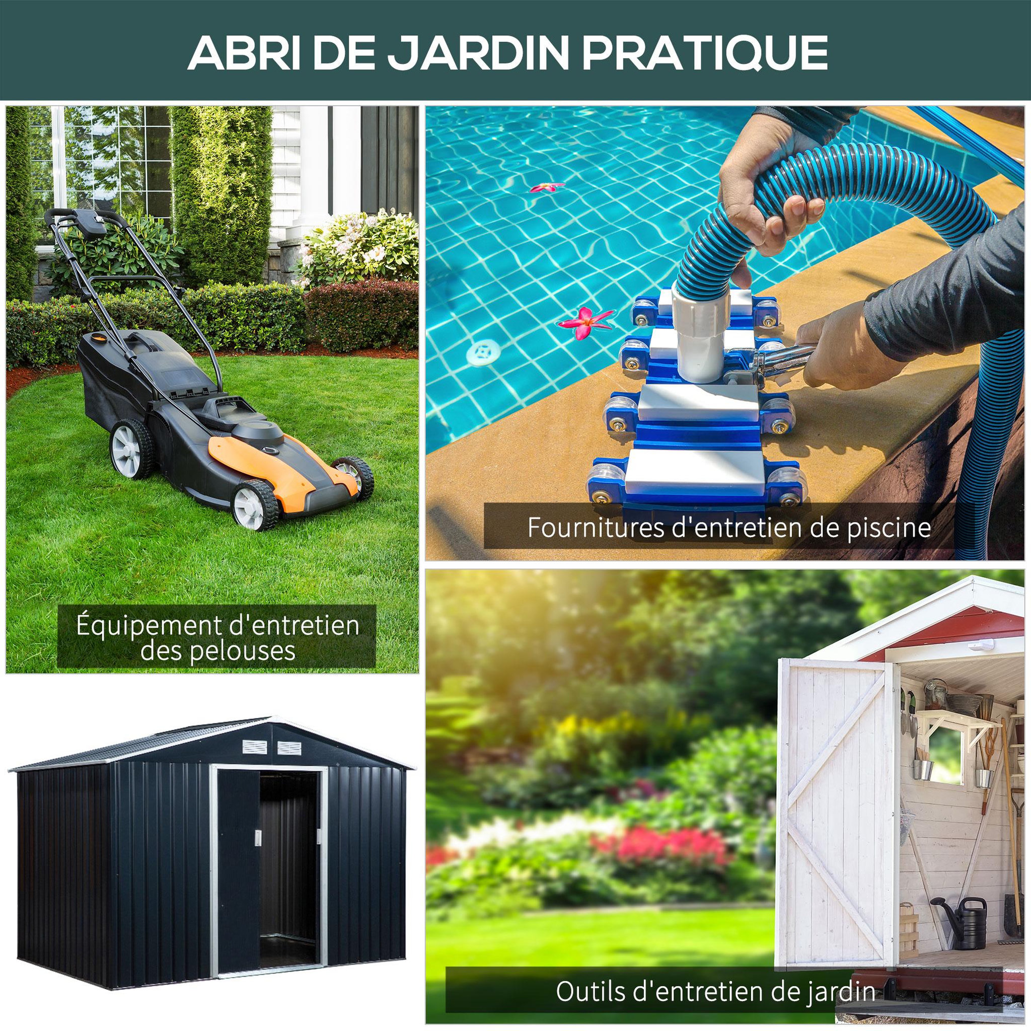 Voir la diapositive 6 : OUTSUNNY Abri de jardin - remise pour outils - cabanon double porte coulissante - fondation incluse - dim. 277L x 191l x 192H cm - tôle d'acier ondulée anthracite