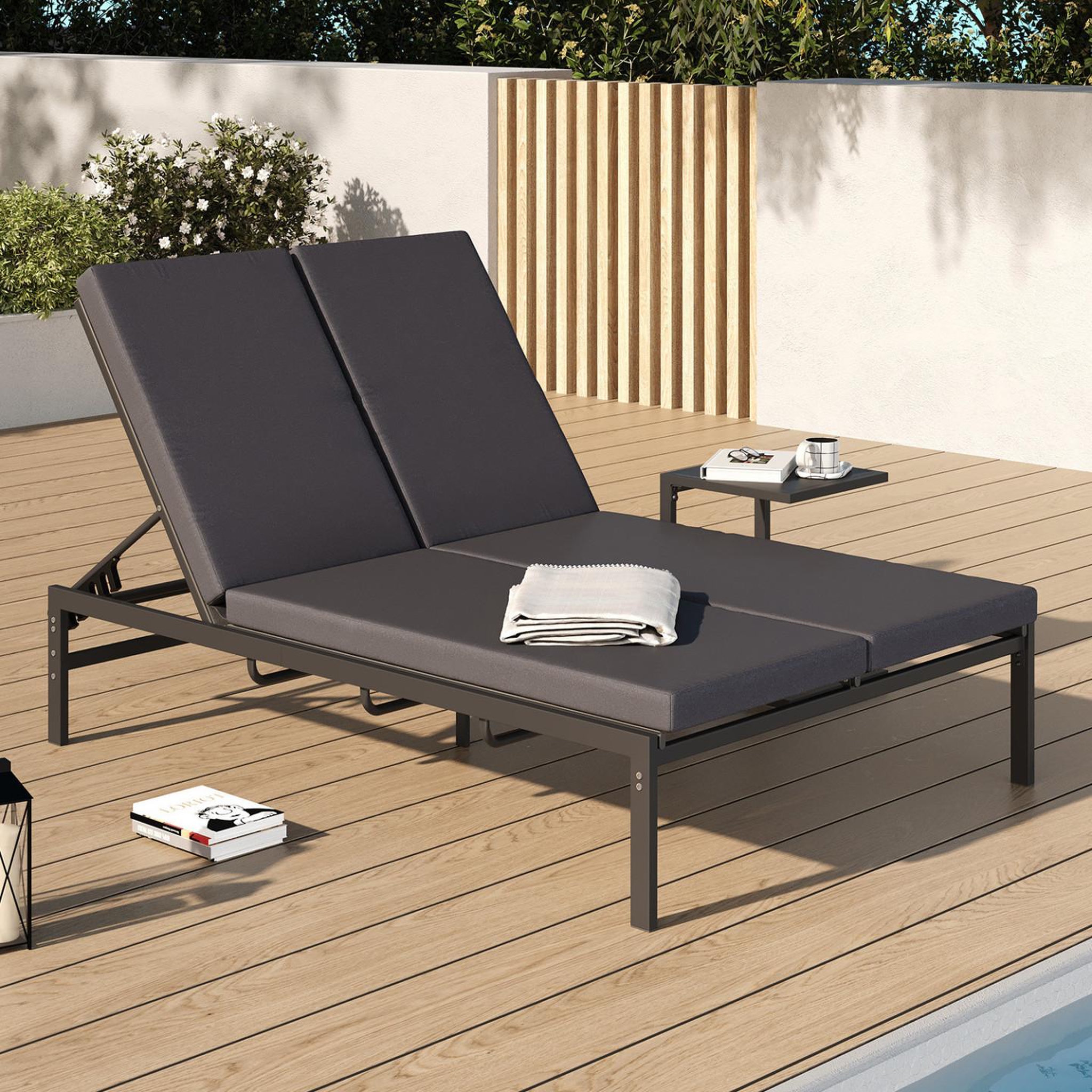 Voir la diapositive 2 : ID MARKET Lit bain de soleil double, transat de jardin 2 places inclinable, chaise longue en acier avec matelas gris anthracite