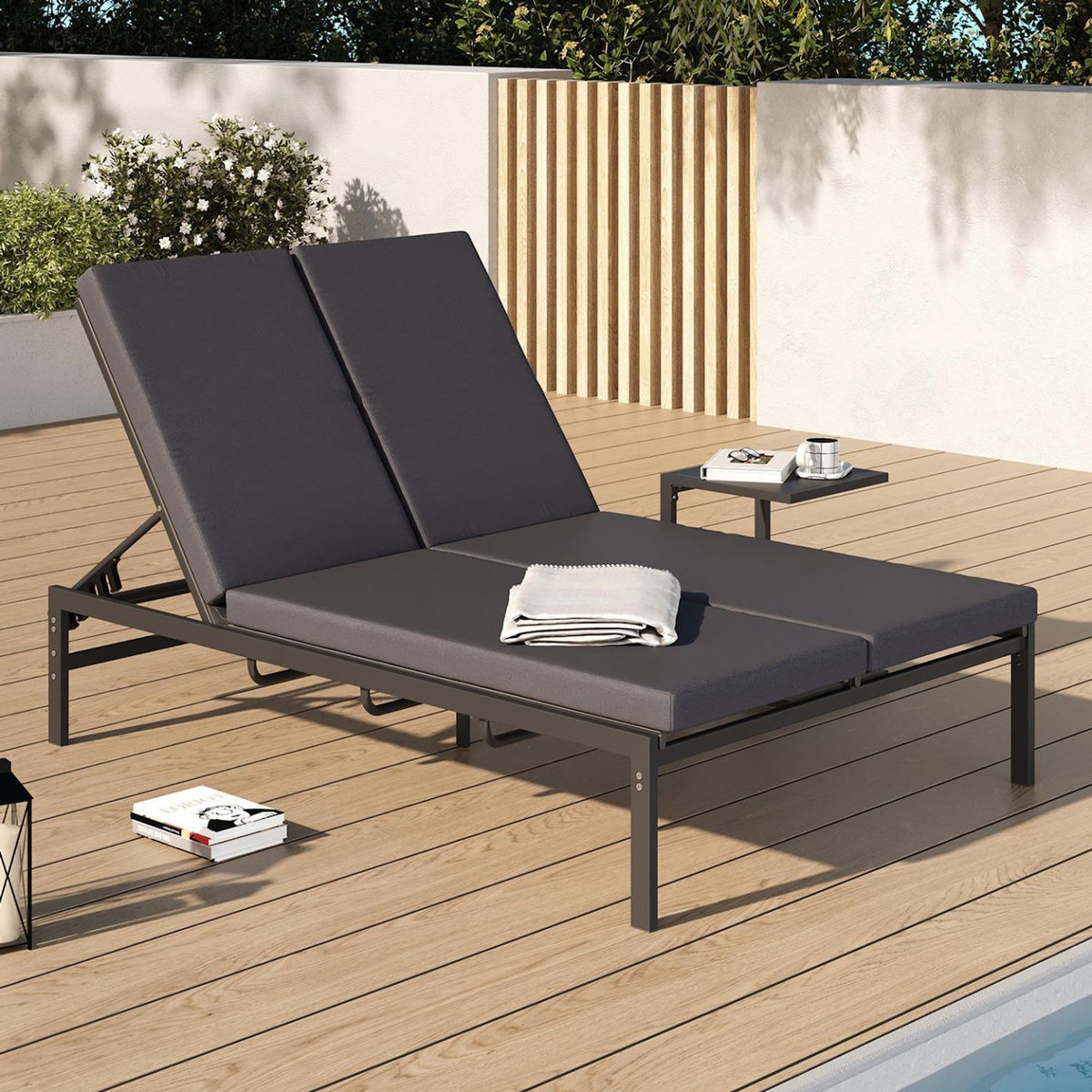 ID MARKET Lit bain de soleil double, transat de jardin inclinables double, en acier avec matelas gris anthracite