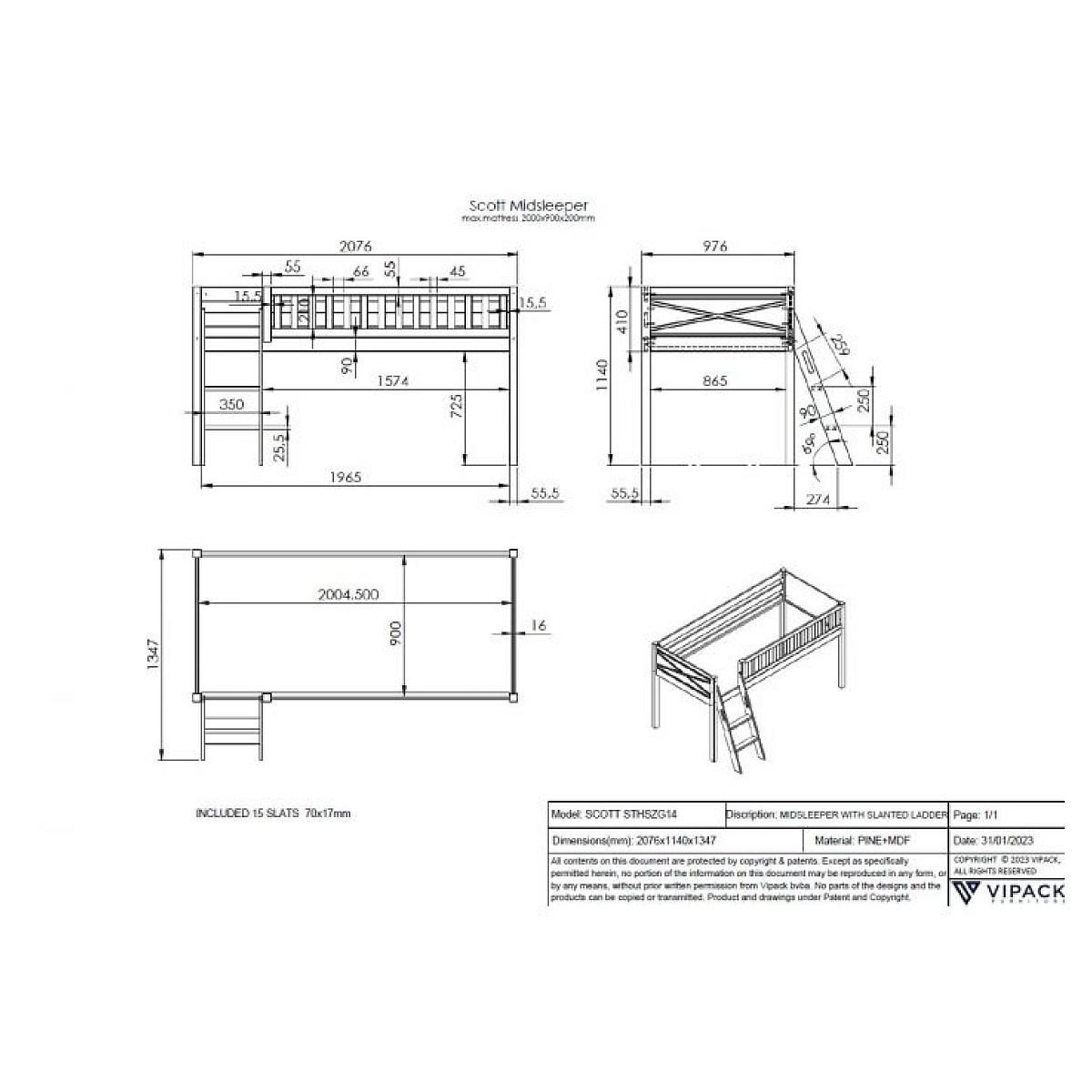 Vipack Lit Mi-Hauteur Scott Bureau Bibliothèque Commode Blanc