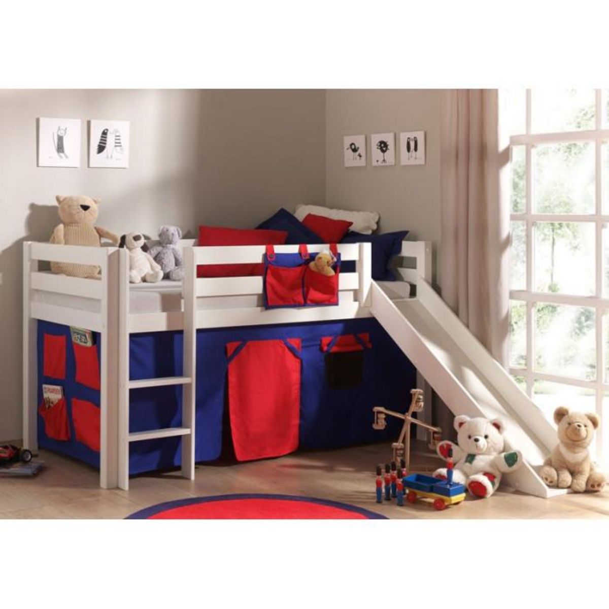 Paris Prix Lit Enfant Avec Toboggan  Pino Rouge  90x200cm Blanc