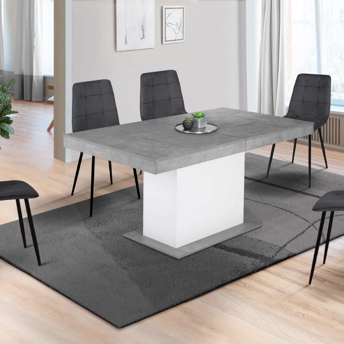 ID MARKET Table à manger extensible rectangle EDEN 6-10 personnes béton et blanc 160-200 cm