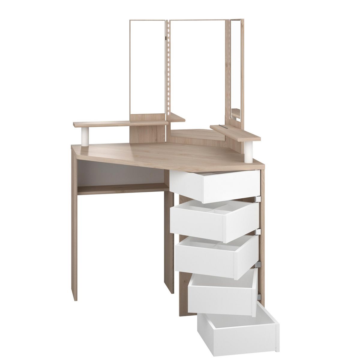 Coiffeuse d'angle 3 miroirs 5 tiroirs pivotants GIRLY