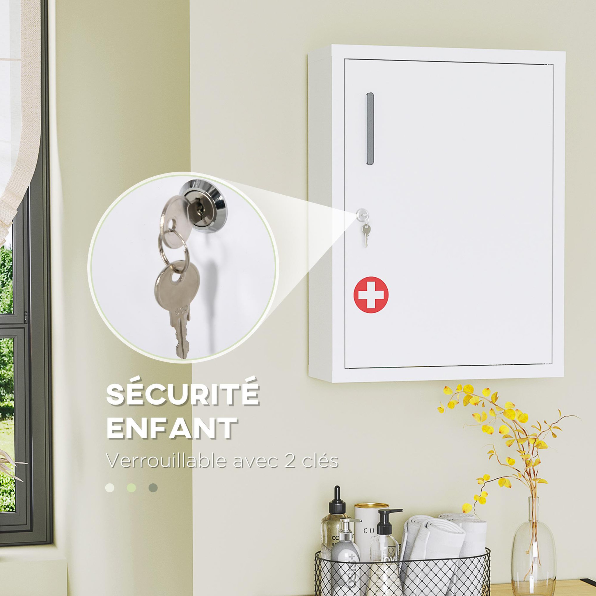 Voir la diapositive 4 : KLEANKIN Armoire à pharmacie 2 étagères 3 niv. Verrouillables dim. 40l x 15l x 53h cm 2 clés logo croix acier blanc
