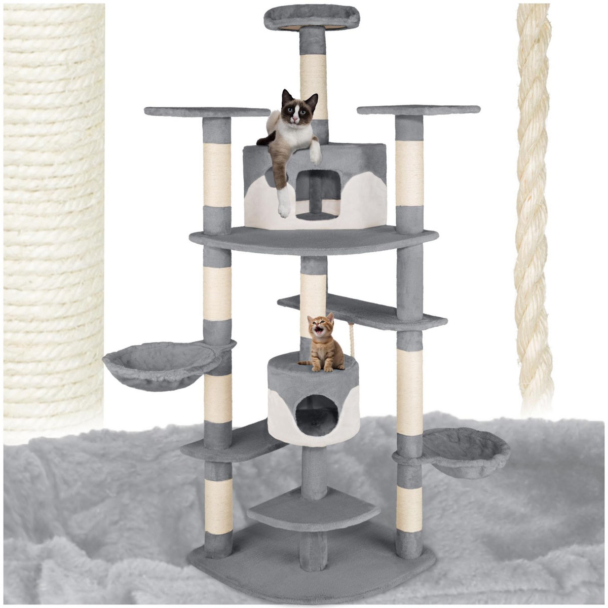 tectake Arbre à chat 204 cm avec griffoir et plateforme d'escalade gris/blanc