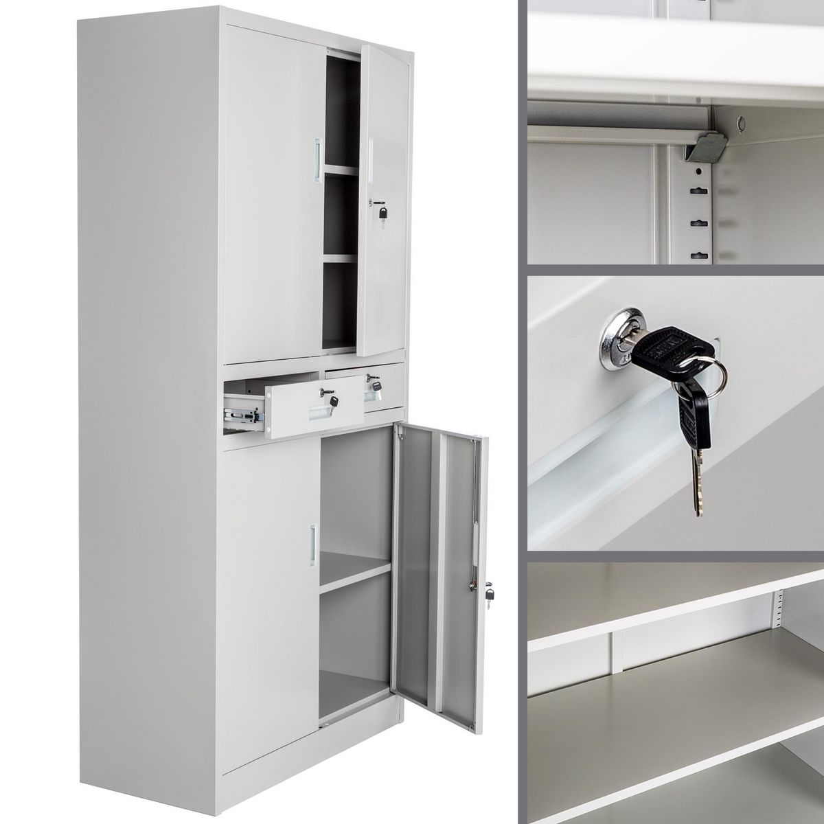 tectake Armoire de classement en métal en acier lâqué époxy gris