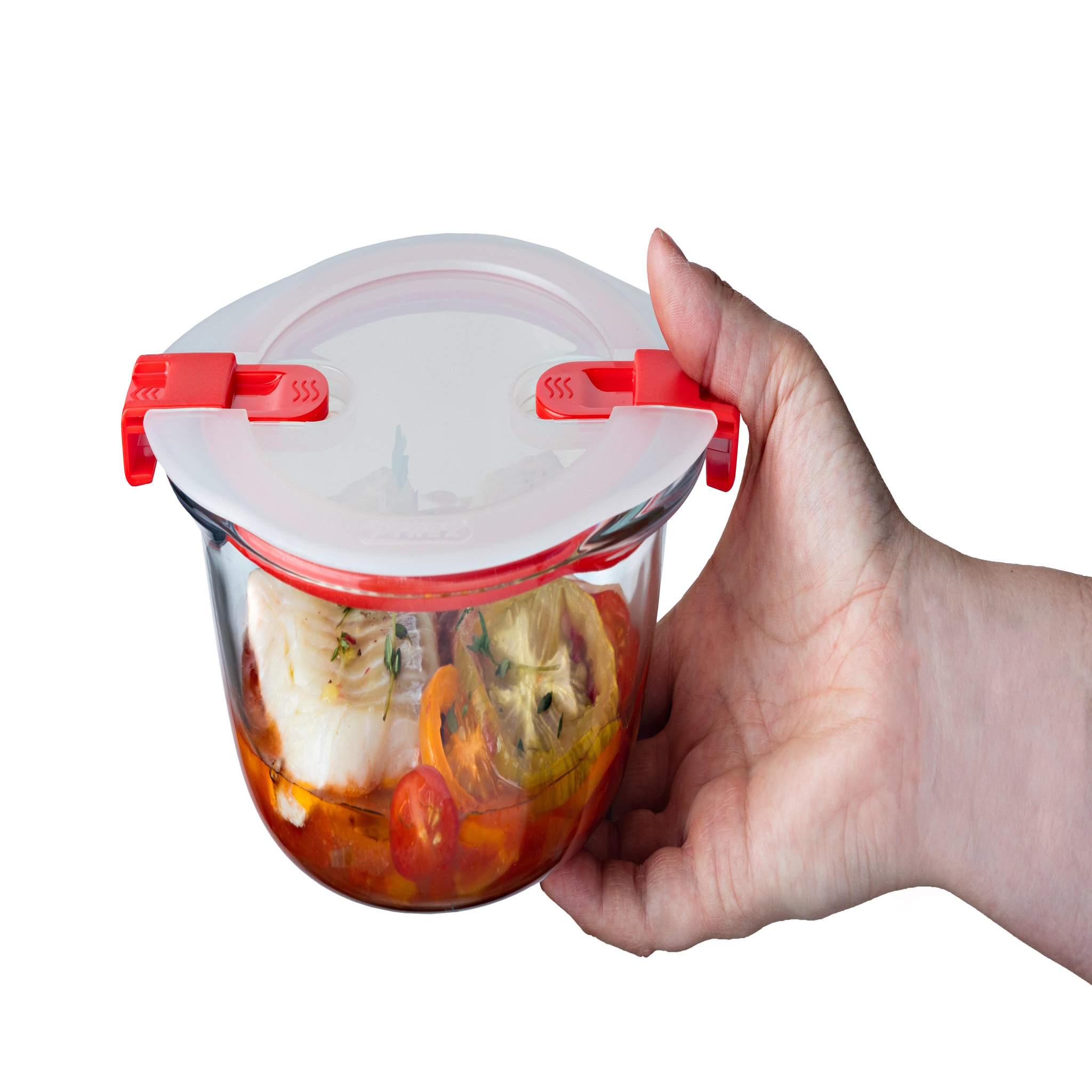 Voir la diapositive 2 : PYREX  Plat rond en verre avec couvercle plastique 14 x 12 cm Cook and Heat 