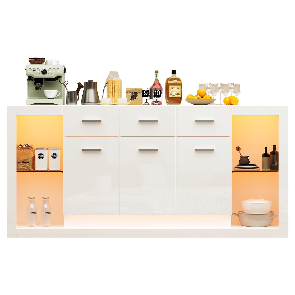 MERAX Buffet 3 porte(s) 3 tiroir(s) - 160 cm blanc led panneau de particules