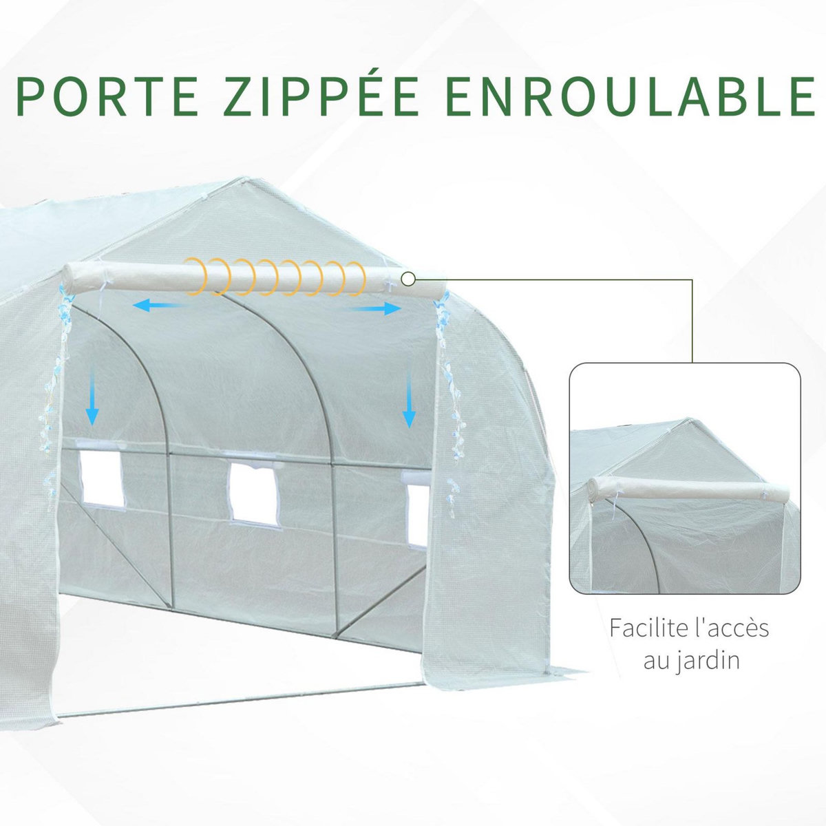 OUTSUNNY Serre tunnel de jardin dim. 4,45L x 2,99l x 2H m porte + 6 fenêtres enroulables acier galvanisé bâche PE haute densité blanc