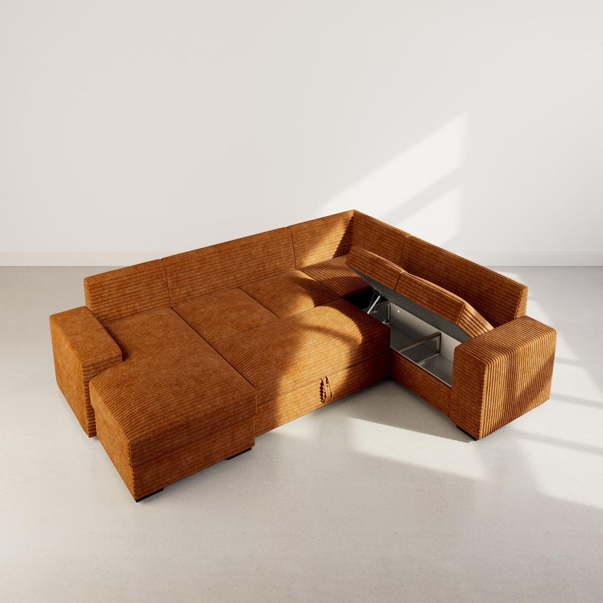 BEST MOBILIER Lorie - canapé panoramique d'angle droit 7 places convertible en velours côtelé grosse côte avec coffre