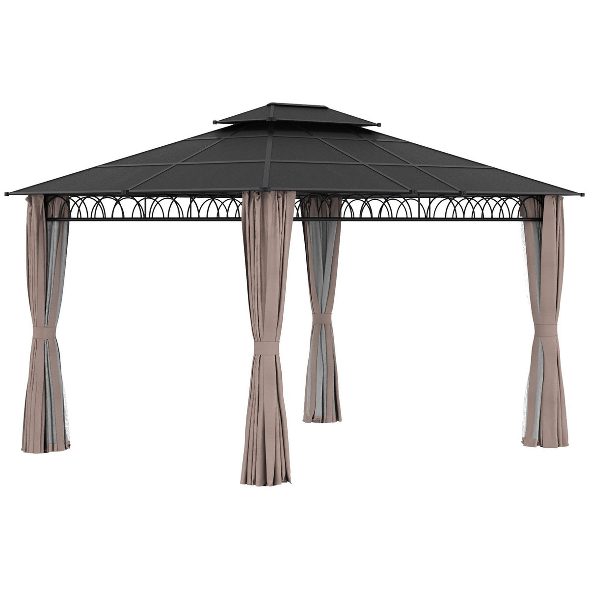 OUTSUNNY Pavillon de jardin tonnelle rigide dim. 3,6L x 3l x 2,78H m rideaux latéraux anti-UV structure gris toit polycarbonate noir