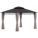 OUTSUNNY Pavillon de jardin tonnelle rigide dim. 3,6L x 3l x 2,78H m rideaux latéraux anti-UV structure gris toit polycarbonate noir
