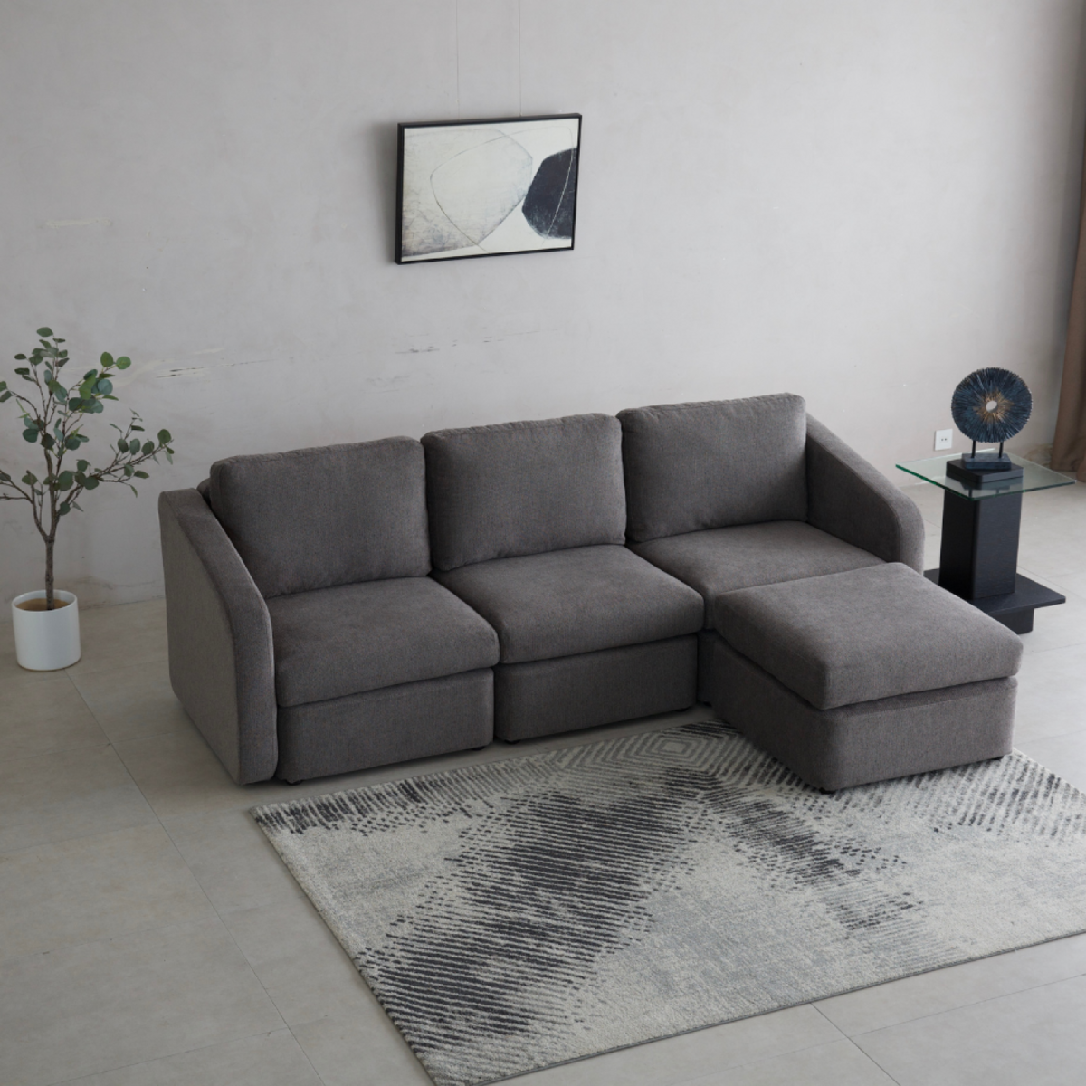 CONCEPT USINE Canapé modulable 3 places gris foncé avec pouf KONEKT