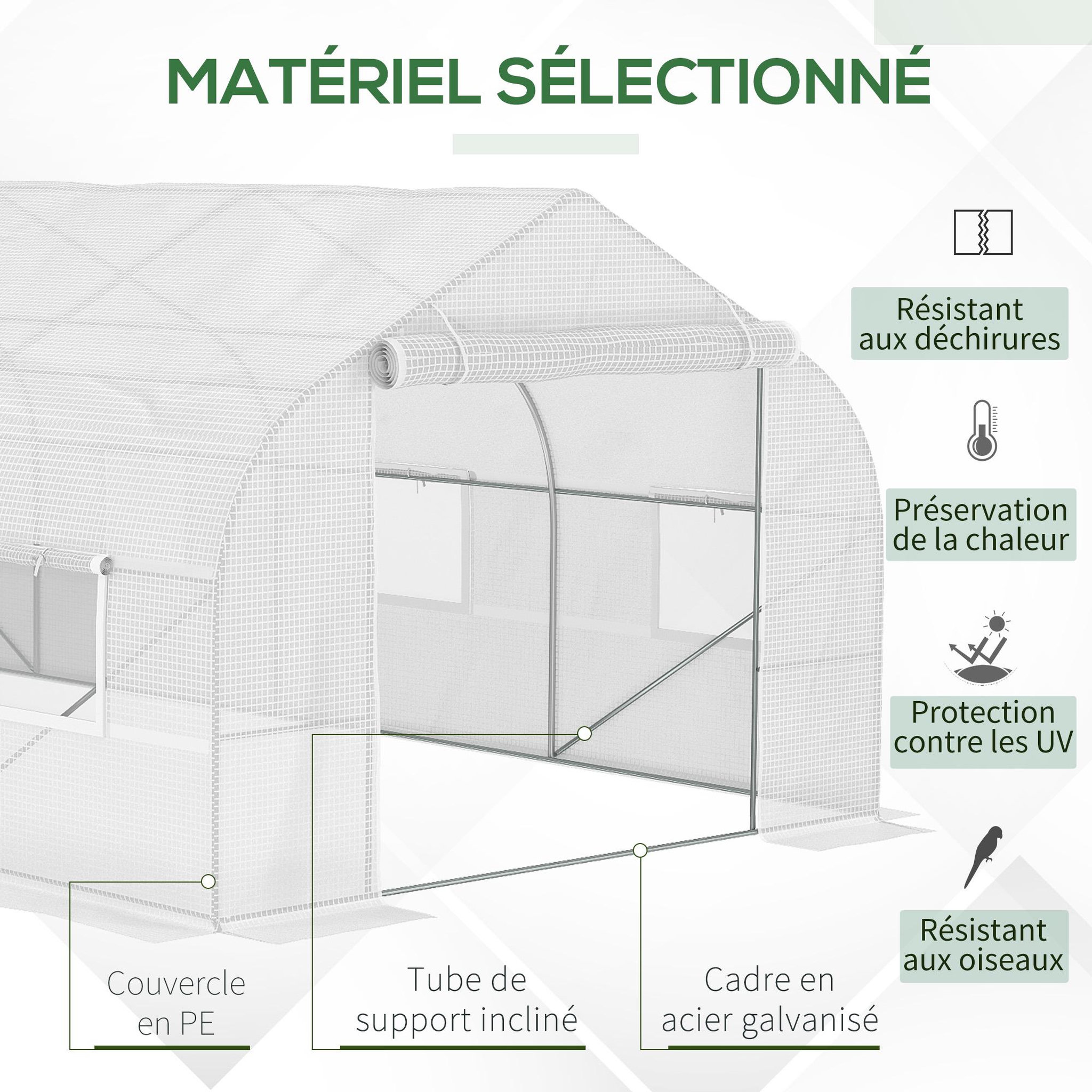 Voir la diapositive 5 : OUTSUNNY Serre tunnel grande taille 17,85 m² châssis tubulaire acier galvanisé renforcé 2,4 cm 8 fenêtres 1 porte blanc
