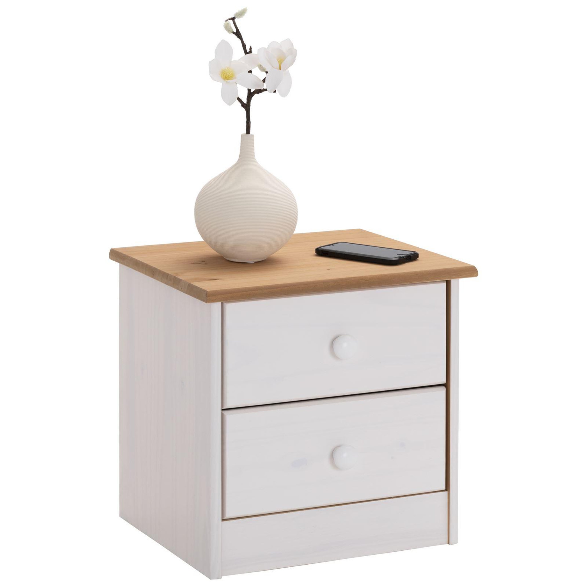 Voir la diapositive 1 : IDIMEX Table de chevet en pin RONDO, 2 tiroirs
