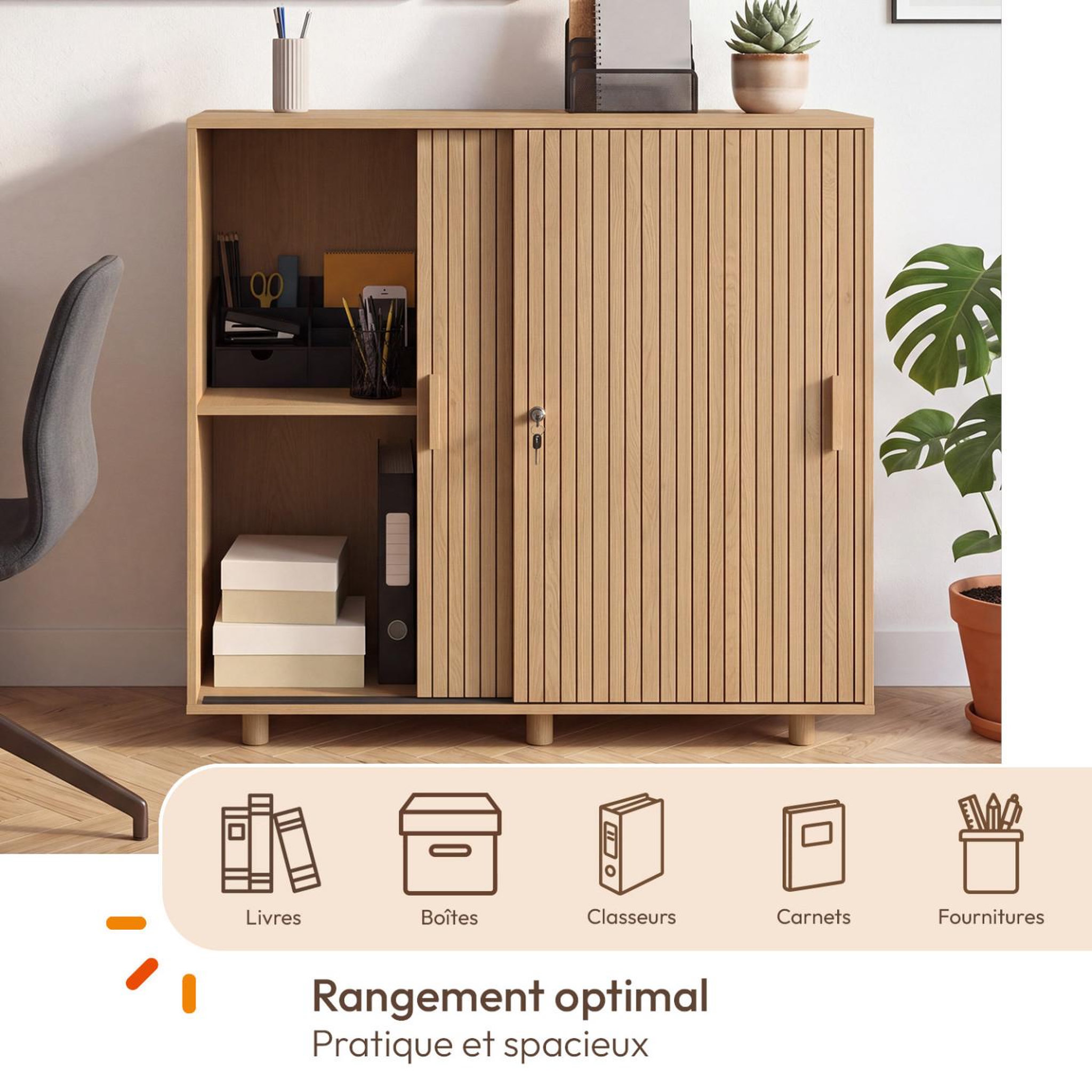 Voir la diapositive 5 : ID MARKET Armoire basse de bureau 2 portes coulissantes verrouillables JULIETTE effet lattes tasseau bois