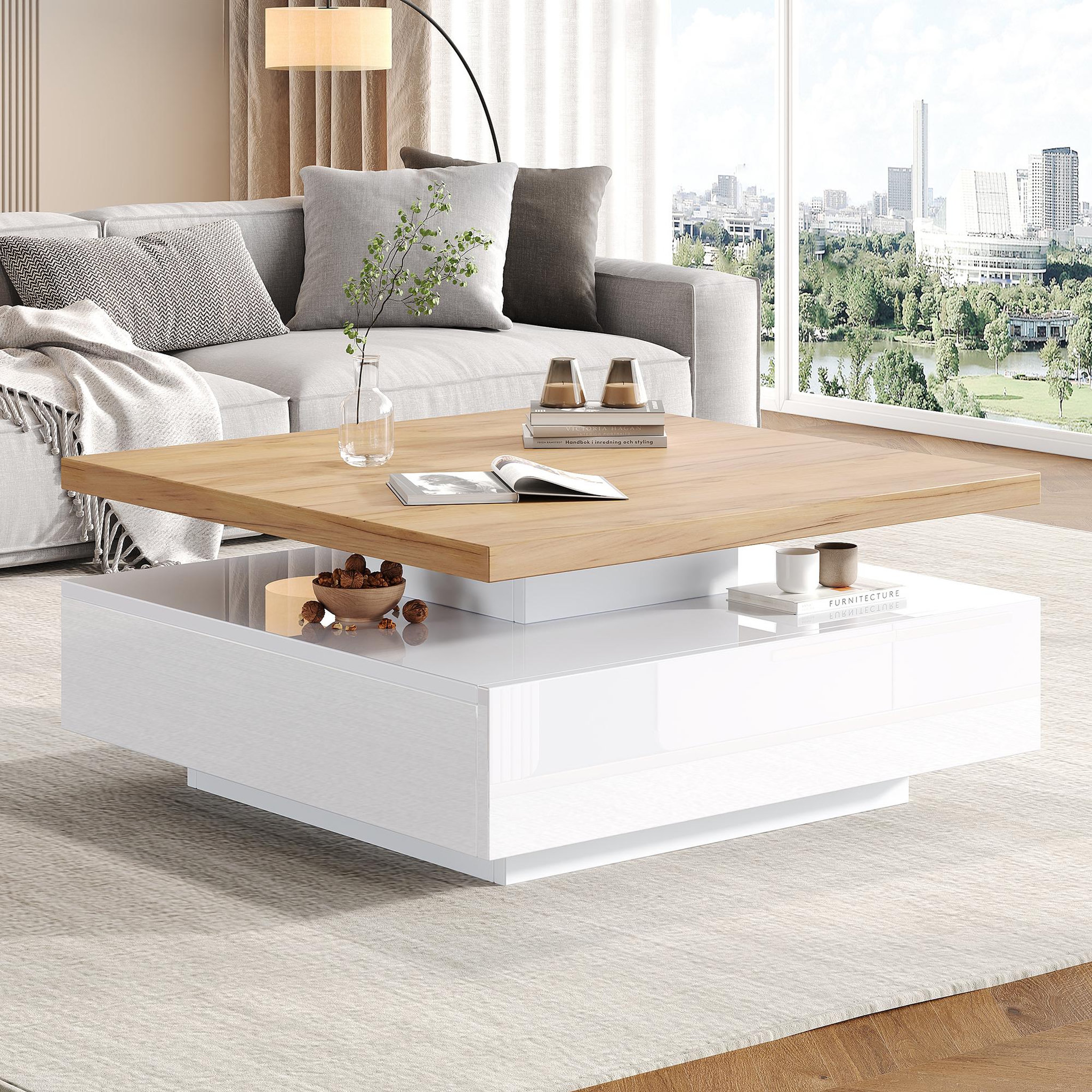 Voir la diapositive 2 : MERAX Table Basse Carrée Avec Un Bureau Rotatif à 360° Et 1 Tiroir Blanc